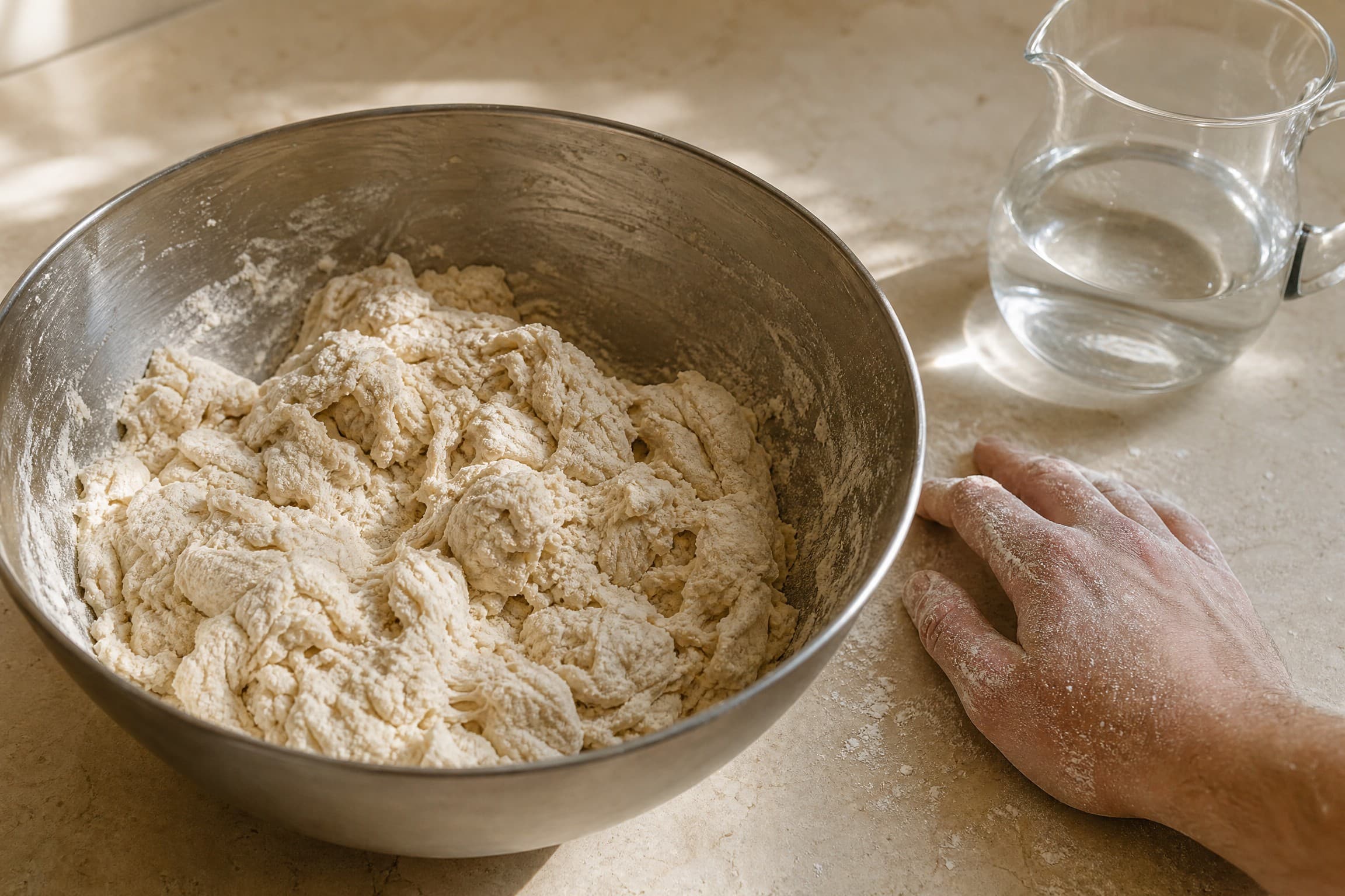 How to Autolyse Sourdough Dough (Timing, Water, Mistakes) guide illustrated on a warm cream background