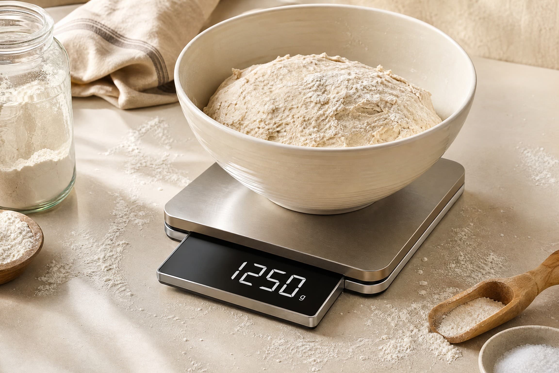Digital Kitchen Scale for Bread Making — gear photographed on a warm cream background