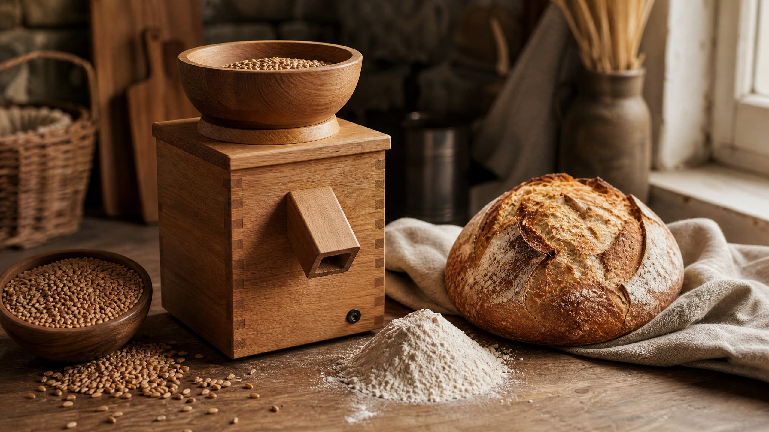 Best Home Grain Mill for Sourdough (Mockmill 200 Review) — gear photographed on a warm cream background