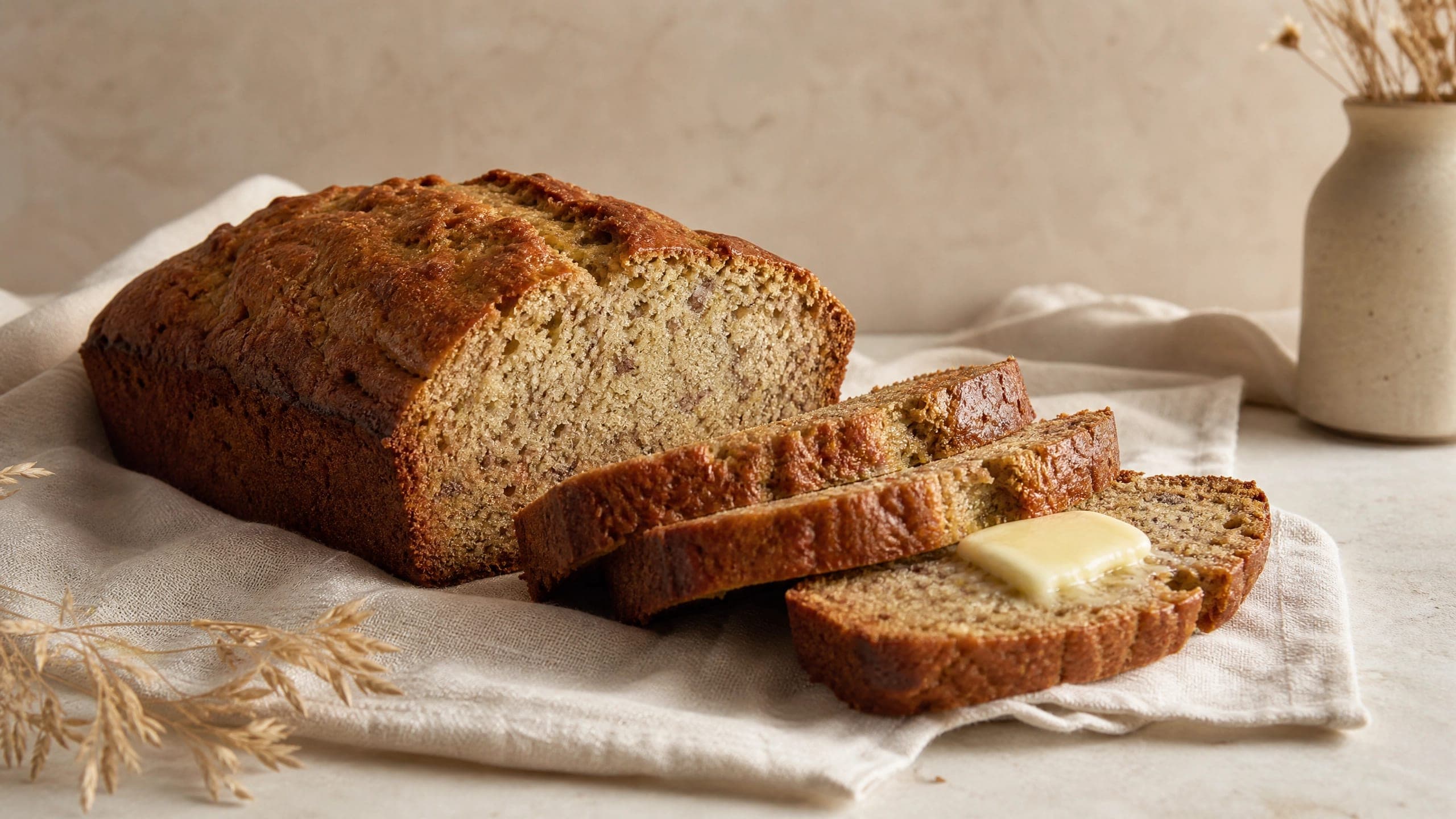 Freshly baked sourdough discard banana bread, photographed on a warm cream background