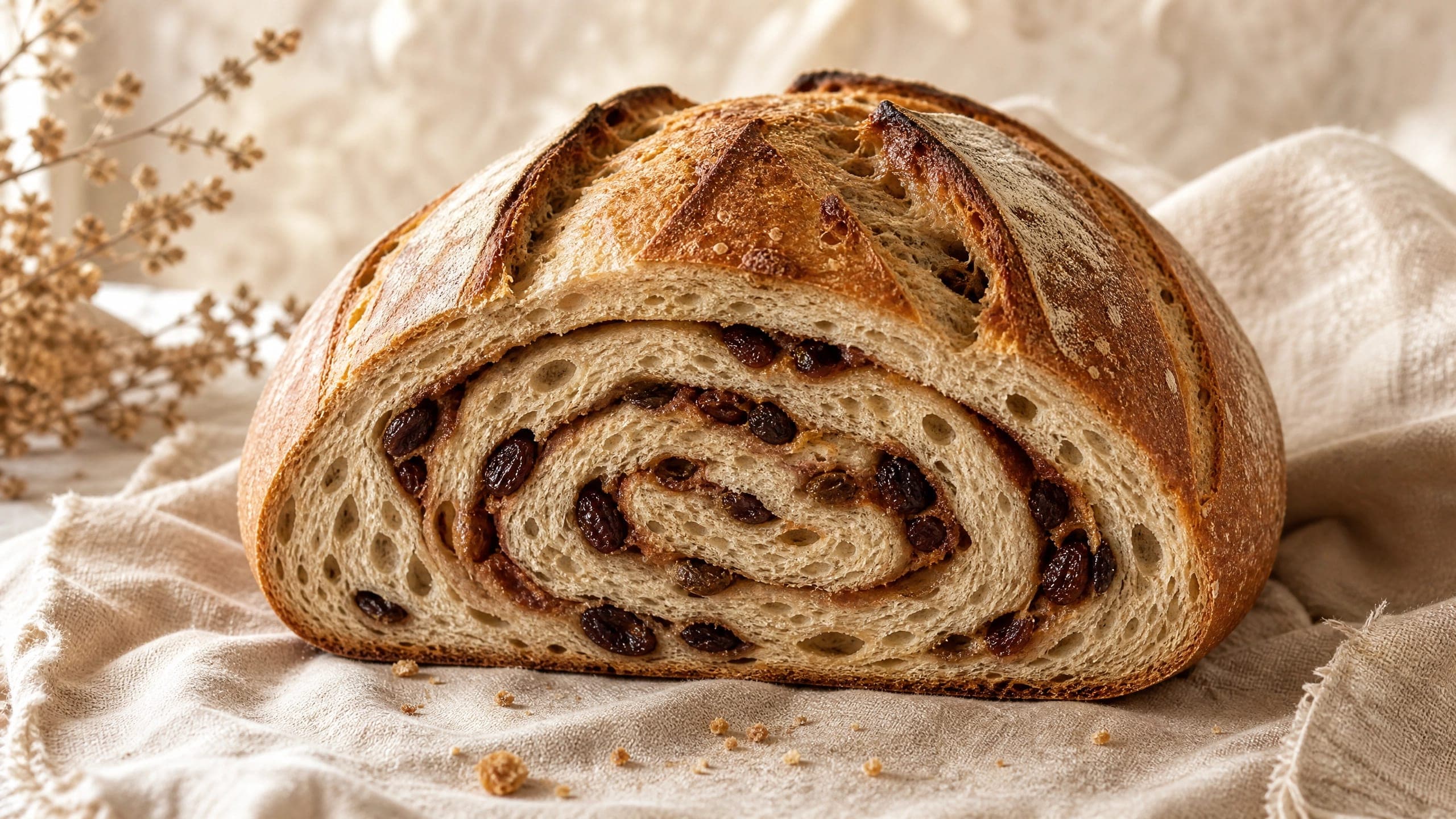 Freshly baked sourdough cinnamon raisin bread, photographed on a warm cream background