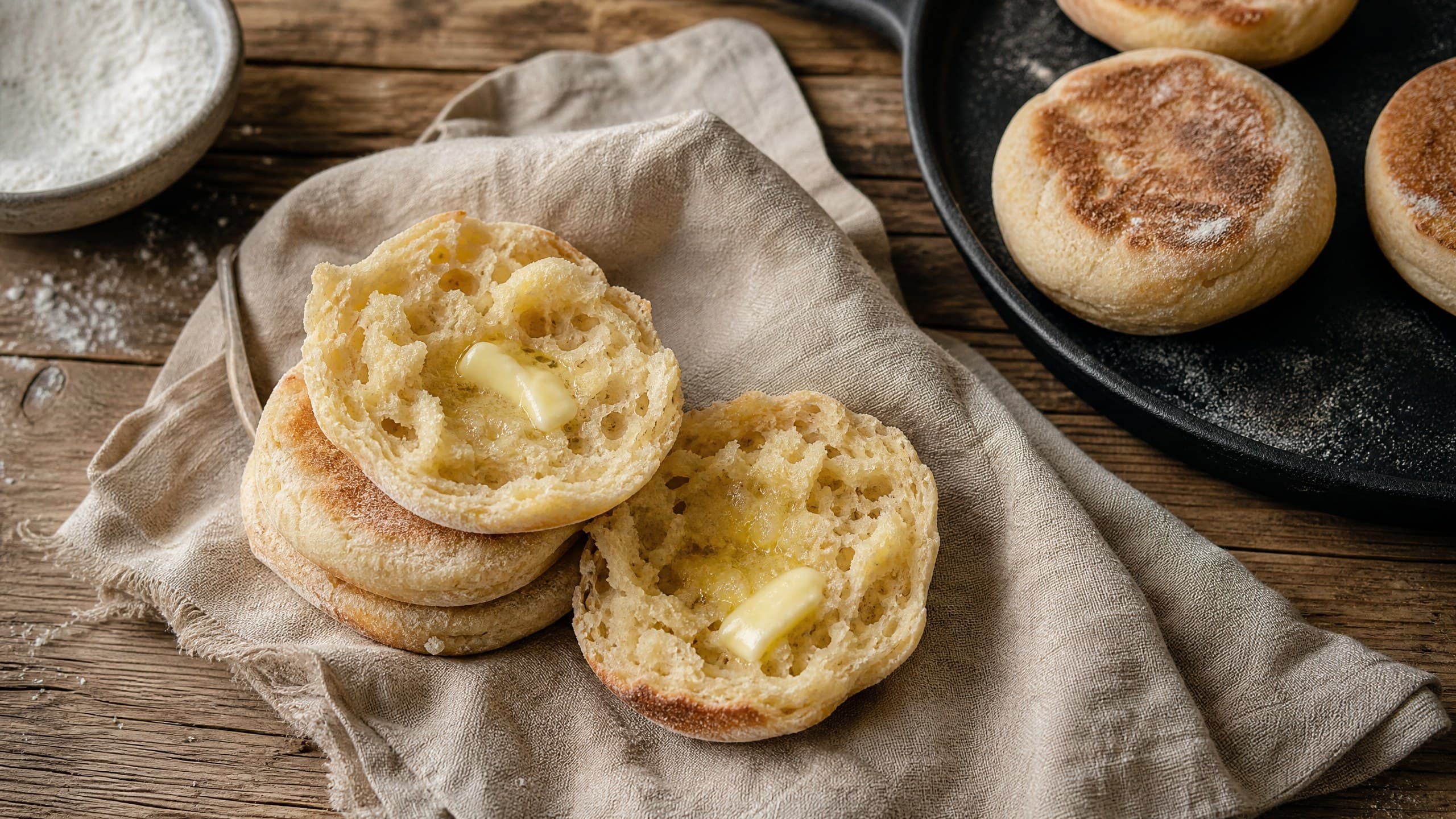 Warm sourdough discard english muffins made with sourdough discard