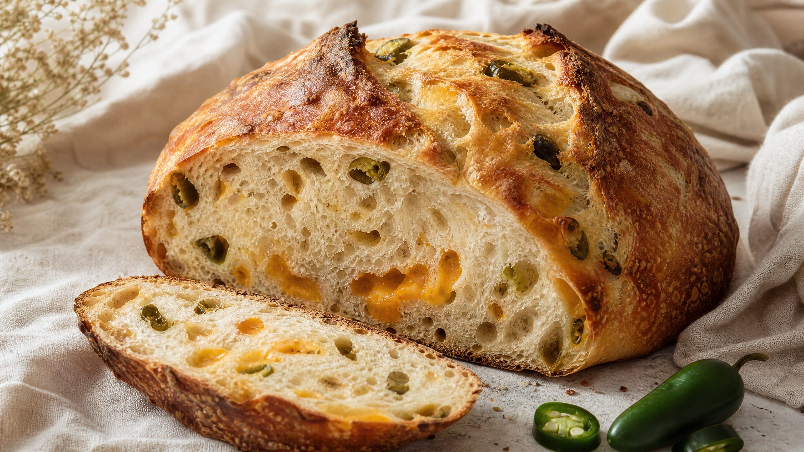 Freshly baked jalapeño cheddar sourdough bread, photographed on a warm cream background