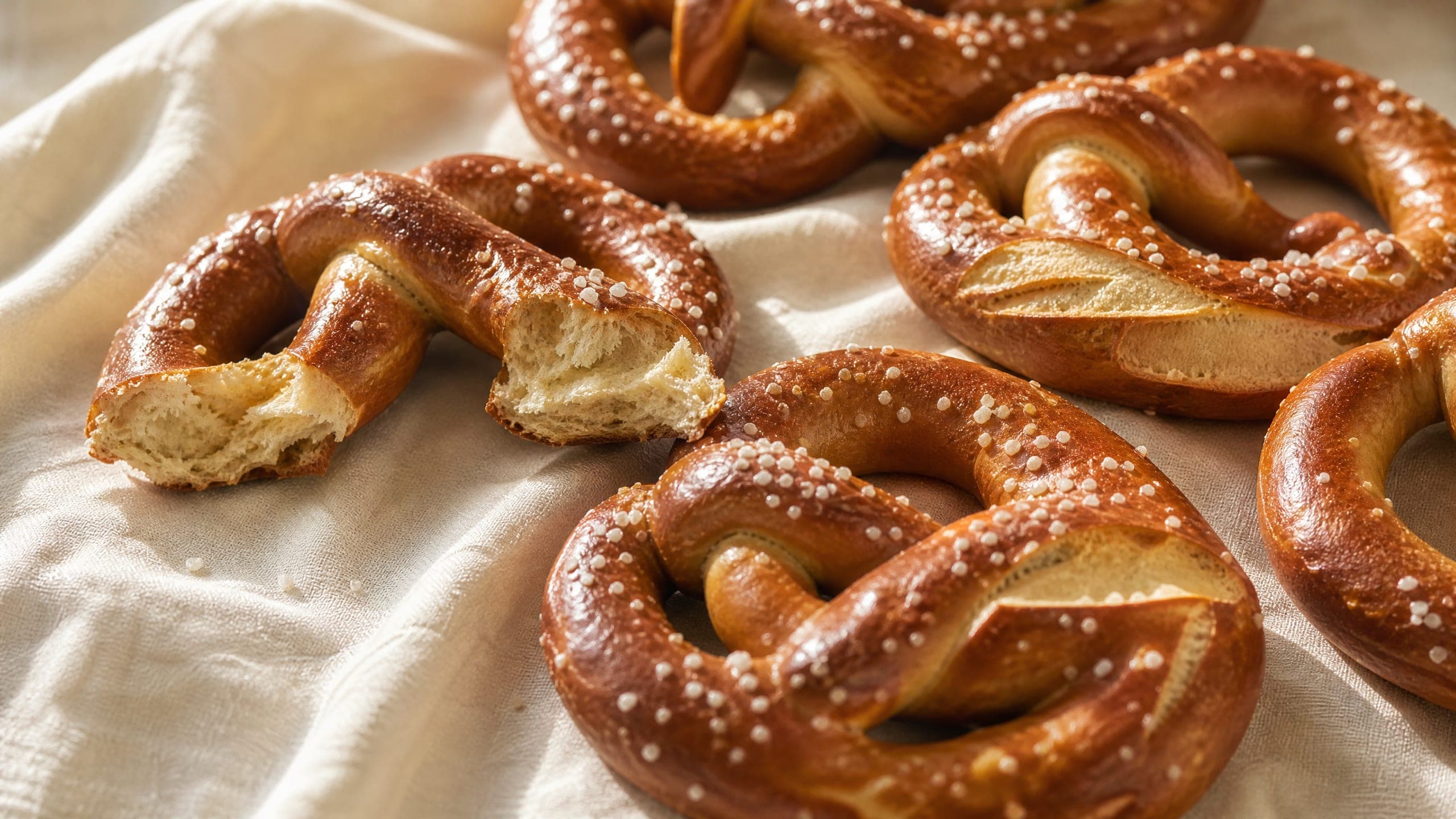 Freshly baked sourdough pretzels (soft, twisted), photographed on a warm cream background