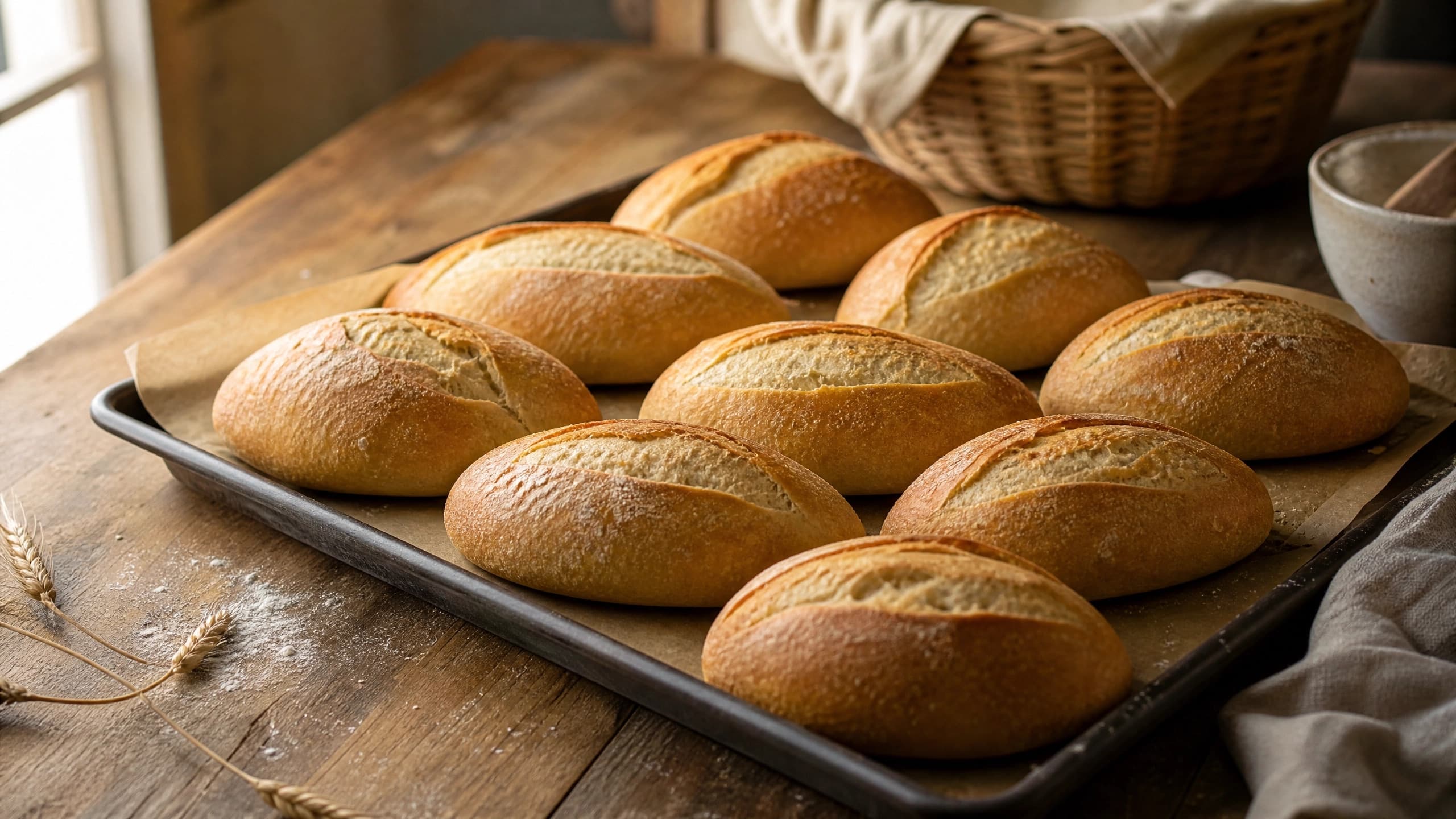 Freshly baked sourdough sandwich rolls (soft hoagie buns), photographed on a warm cream background