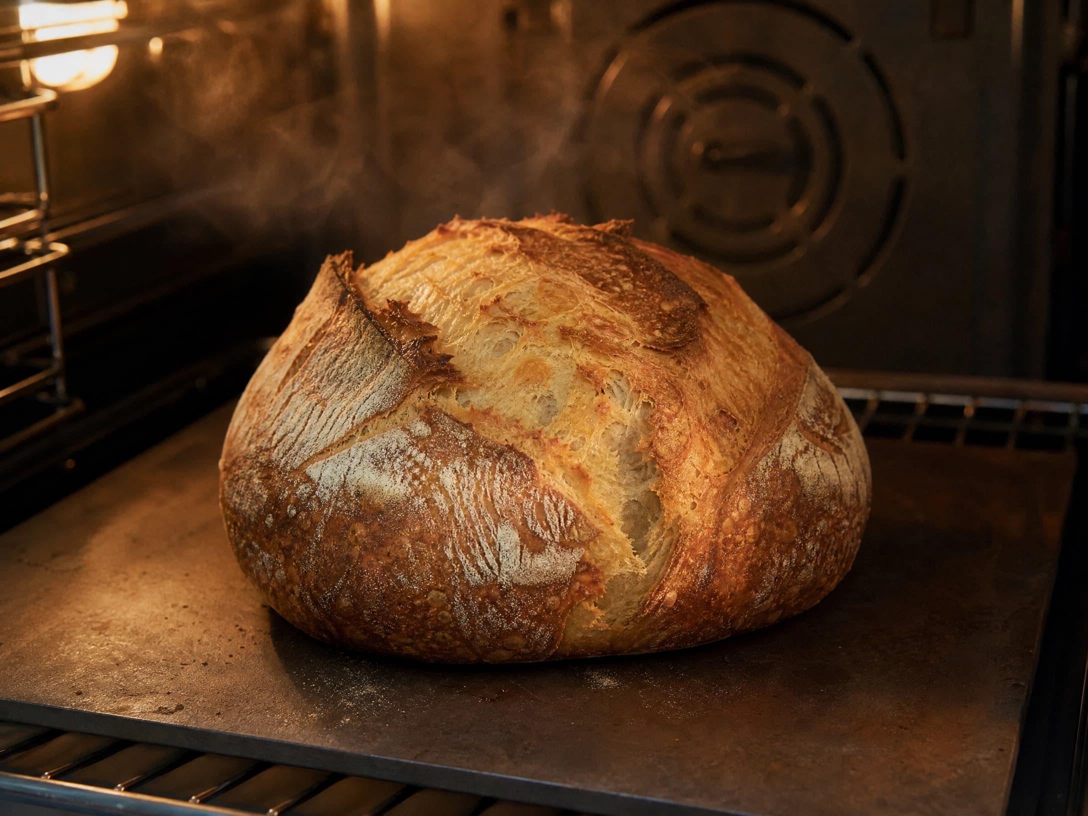 Open-baked sourdough loaf with a deep golden crackly crust