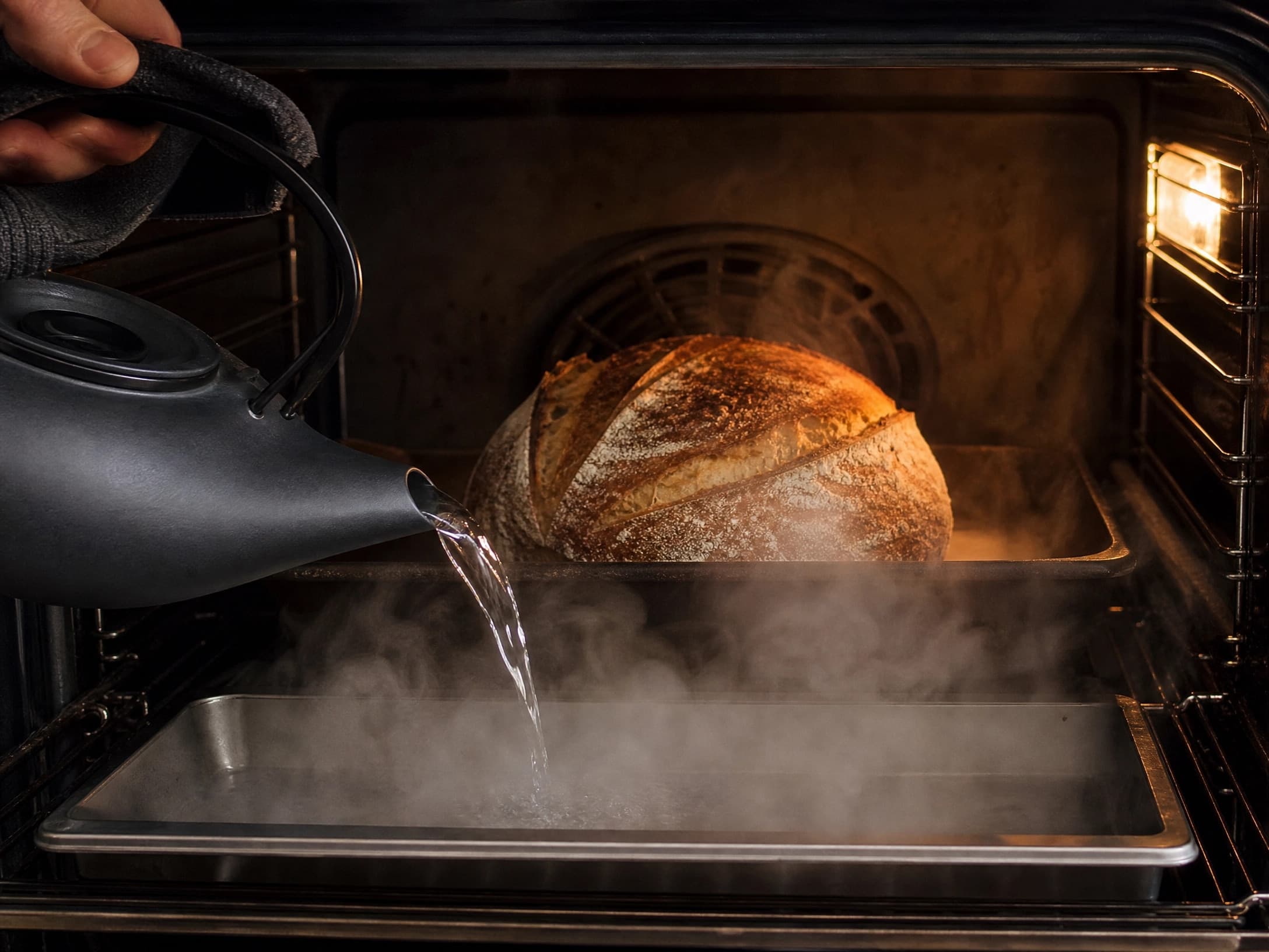 Steam rising around a scored sourdough loaf on the baking steel