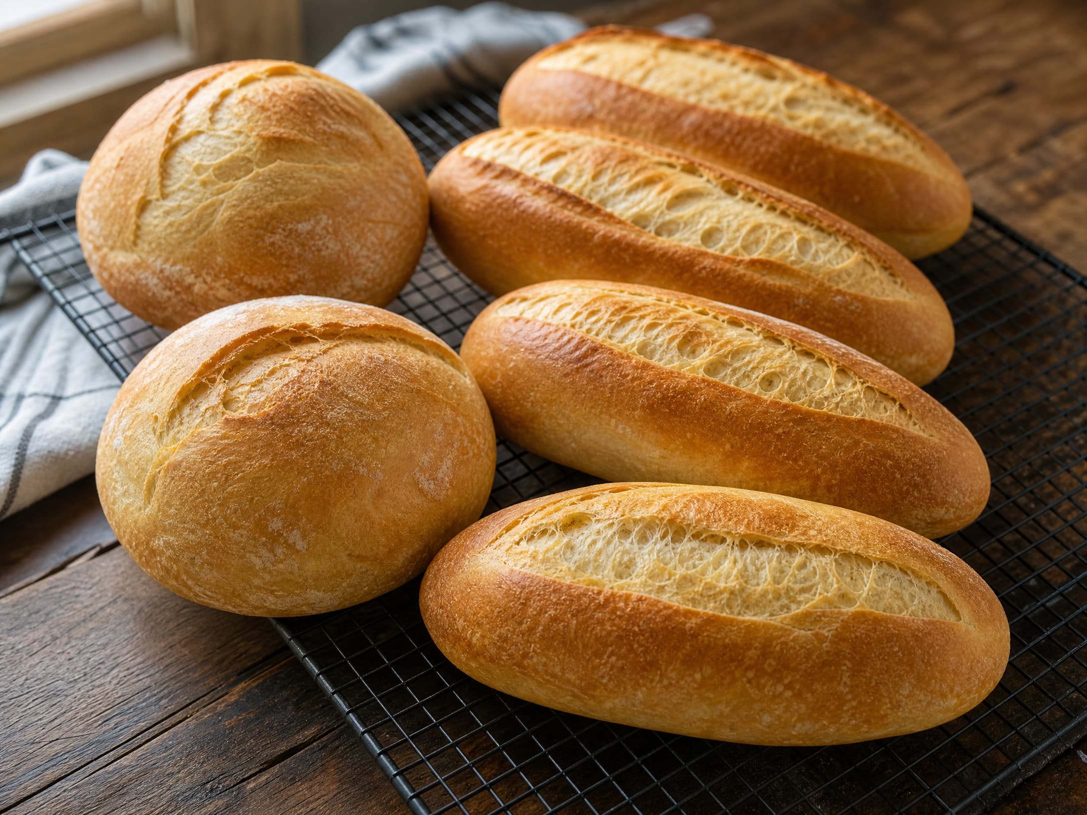 Golden baked sourdough hoagie rolls cooling on a rack