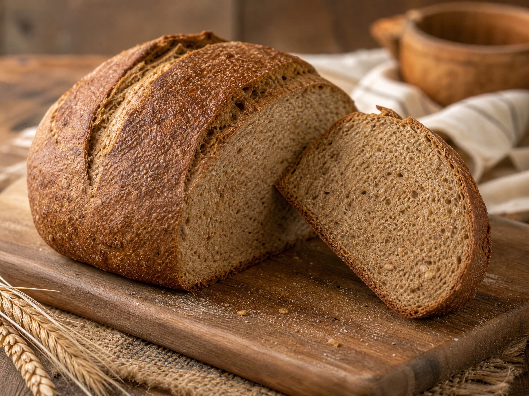 Freshly baked 100% whole wheat sourdough bread recipe, photographed on a warm cream background