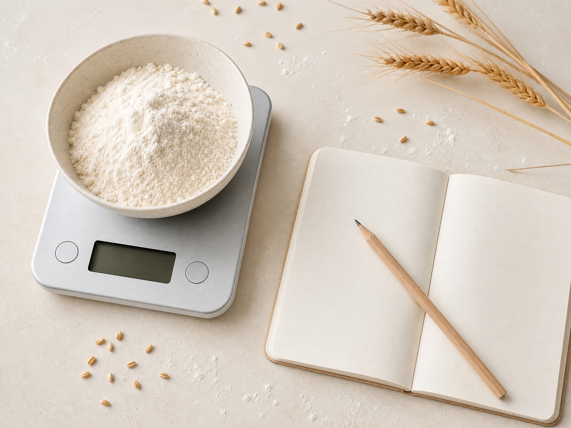 A bakery-math calculator illustration on a warm cream background