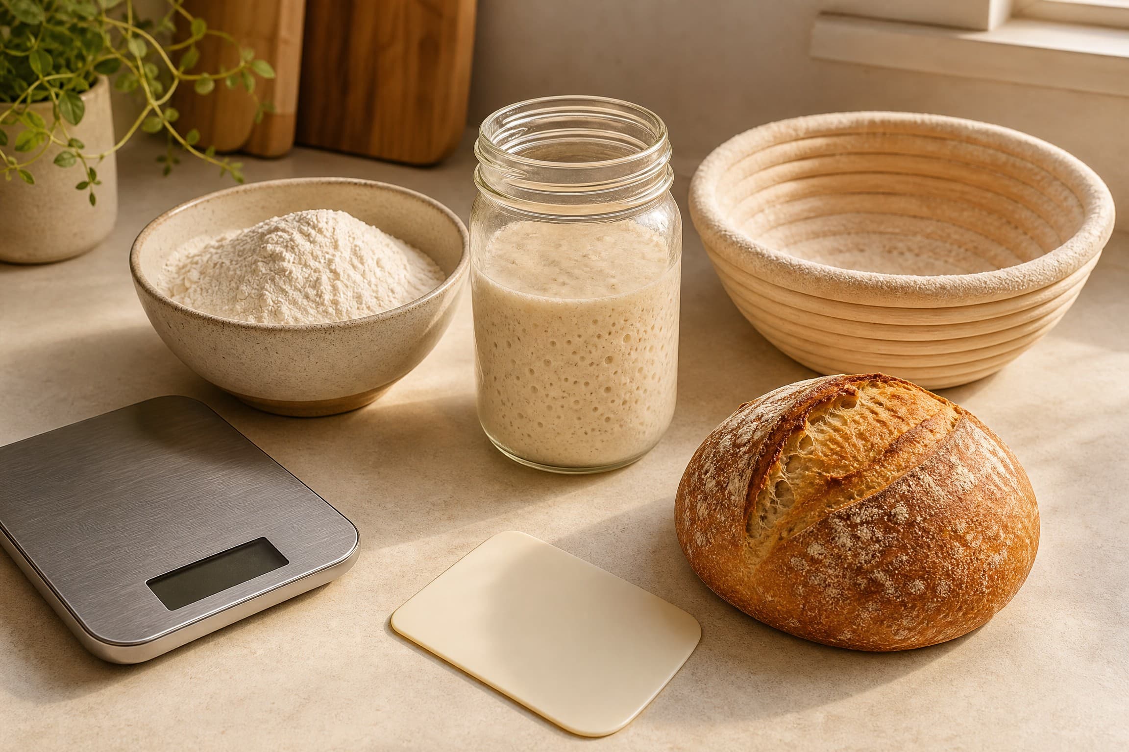 Baking Sourdough Bread: A Beginner's Guide guide illustrated on a warm cream background