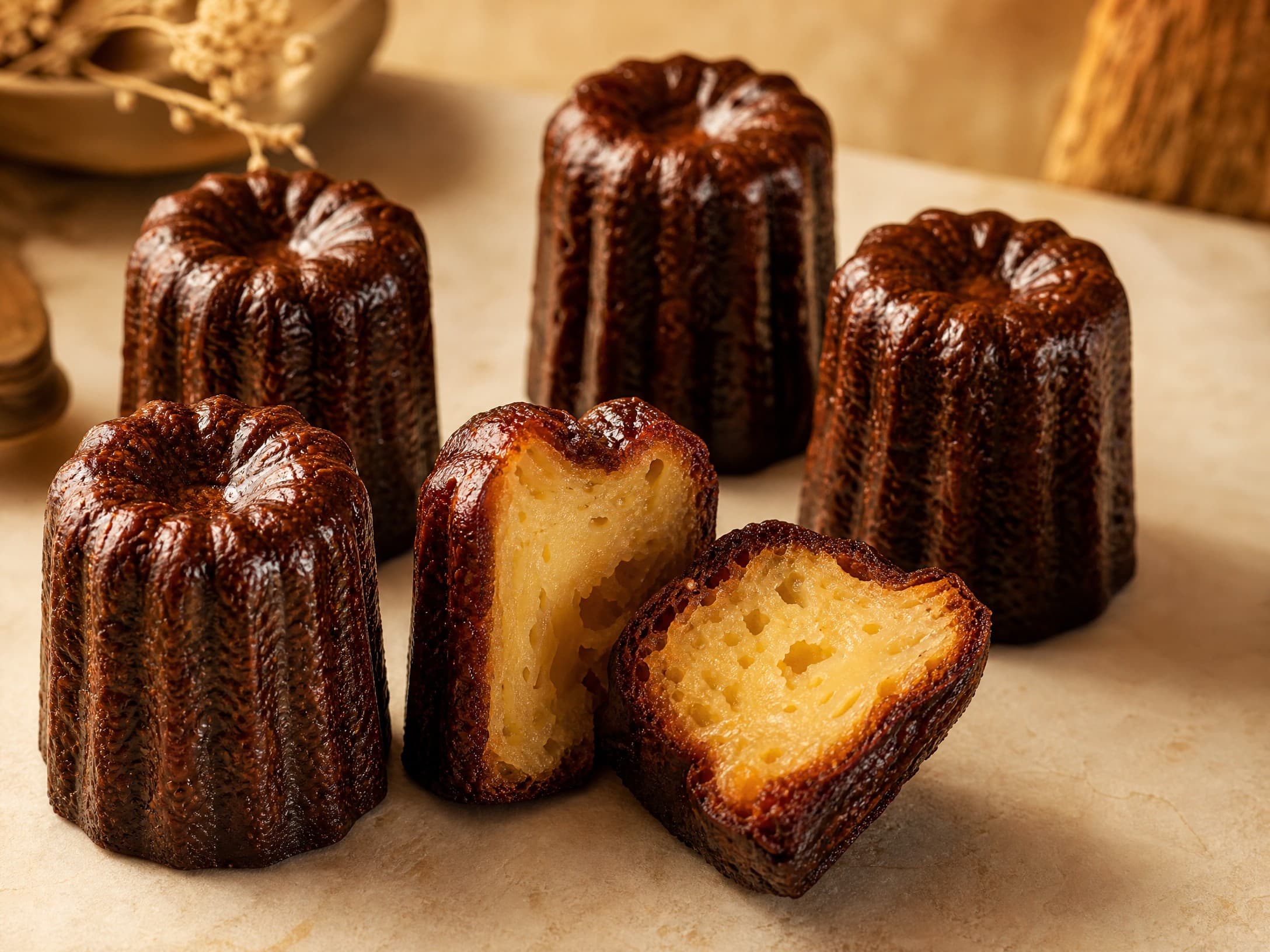 Freshly baked sourdough canelé recipe (canelés de bordeaux), photographed on a warm cream background