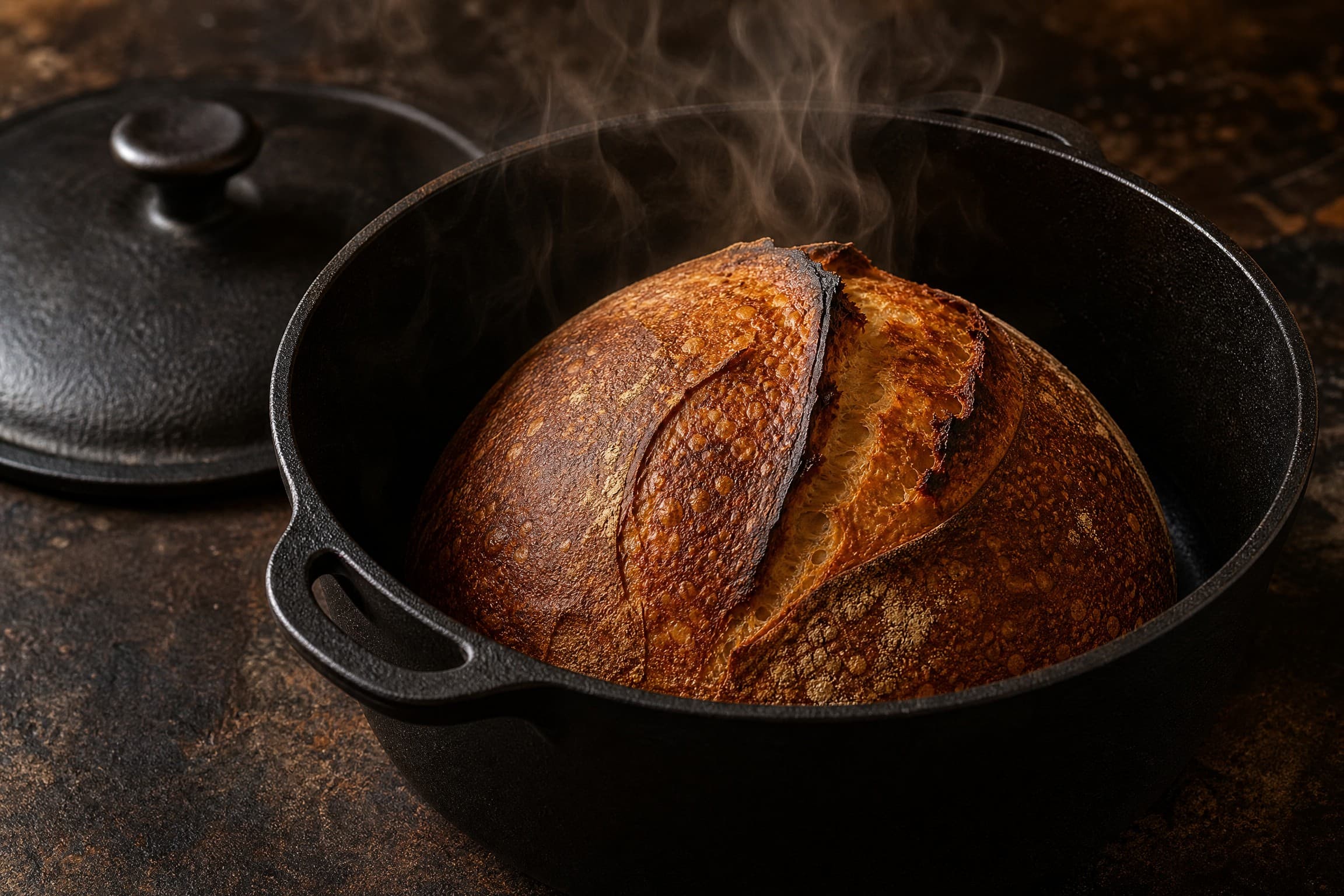Baking Sourdough Bread in a Dutch Oven guide illustrated on a warm cream background