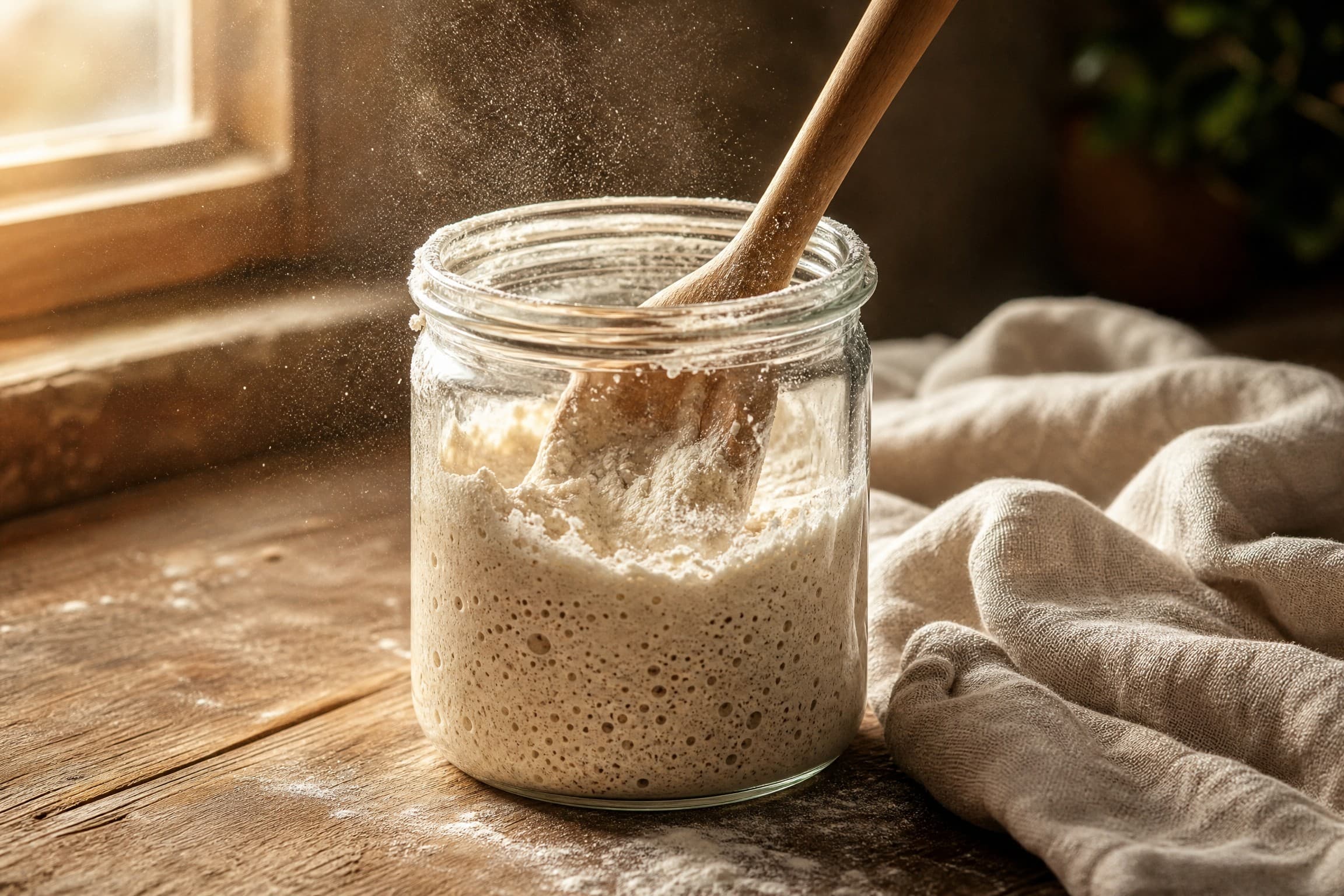 Activate Sourdough Starter: Feed and Manage It guide illustrated on a warm cream background