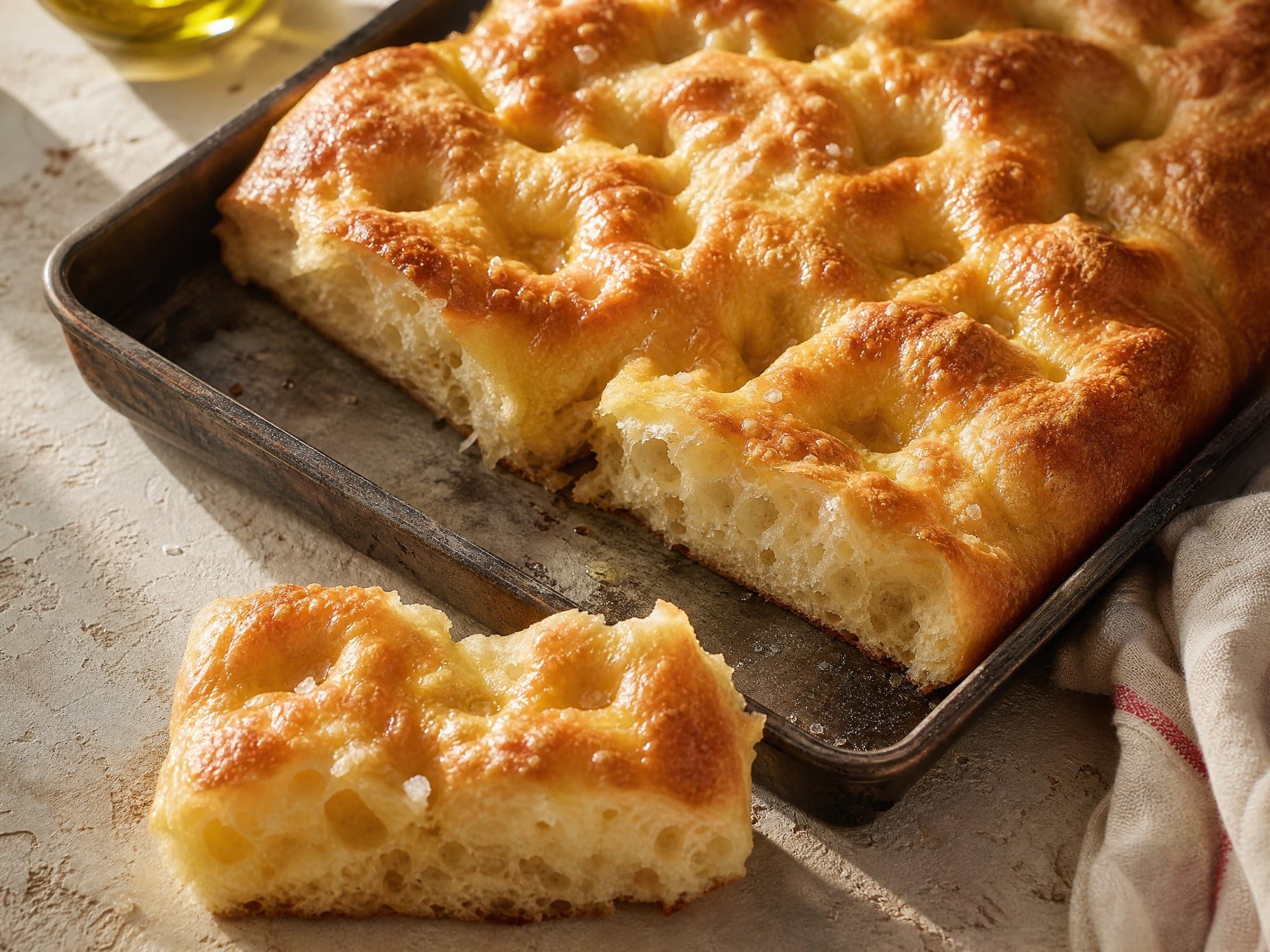 Freshly baked potato focaccia (focaccia pugliese) recipe, photographed on a warm cream background