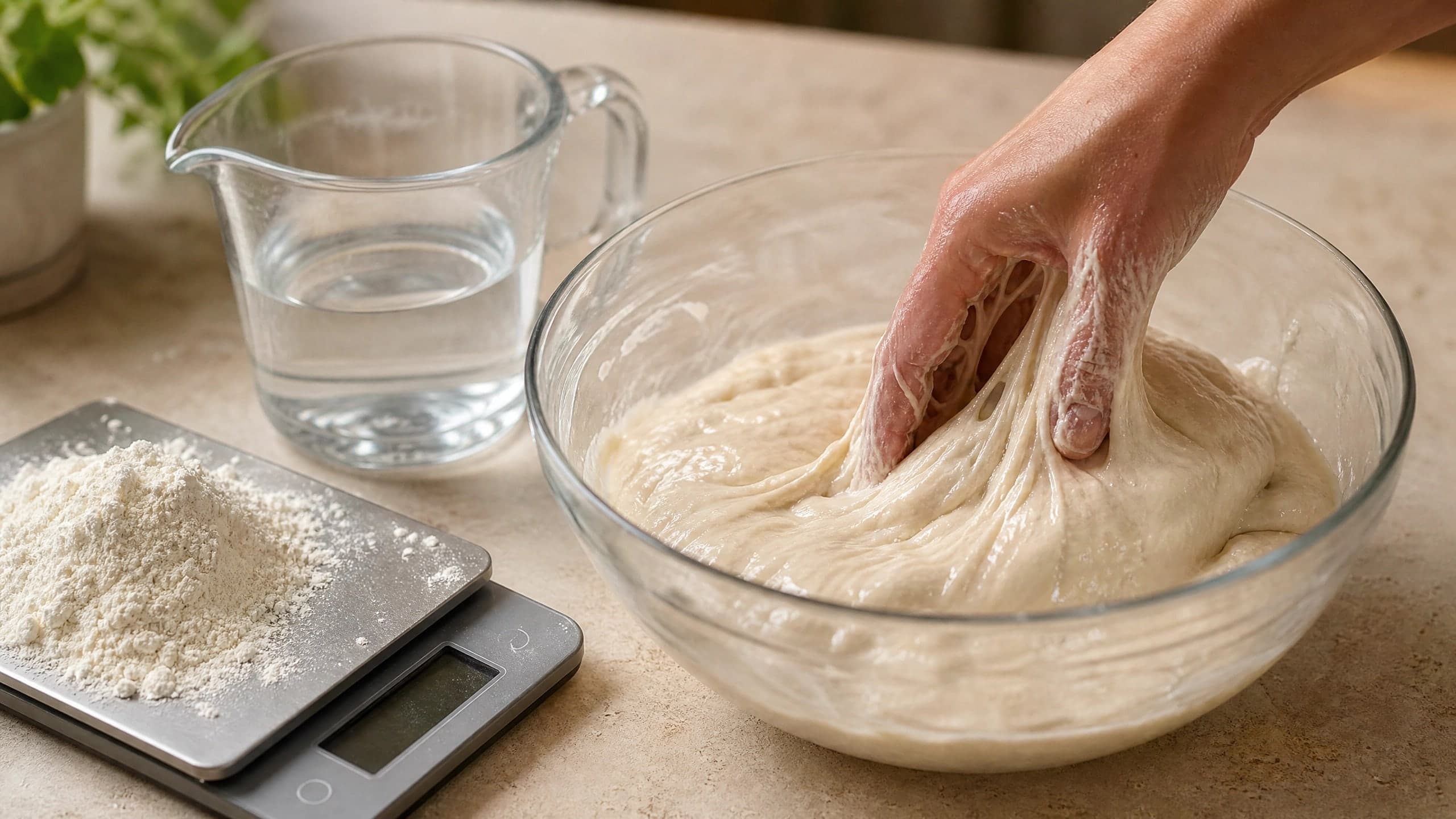 Hydration in Sourdough: Percentages Explained guide illustrated on a warm cream background