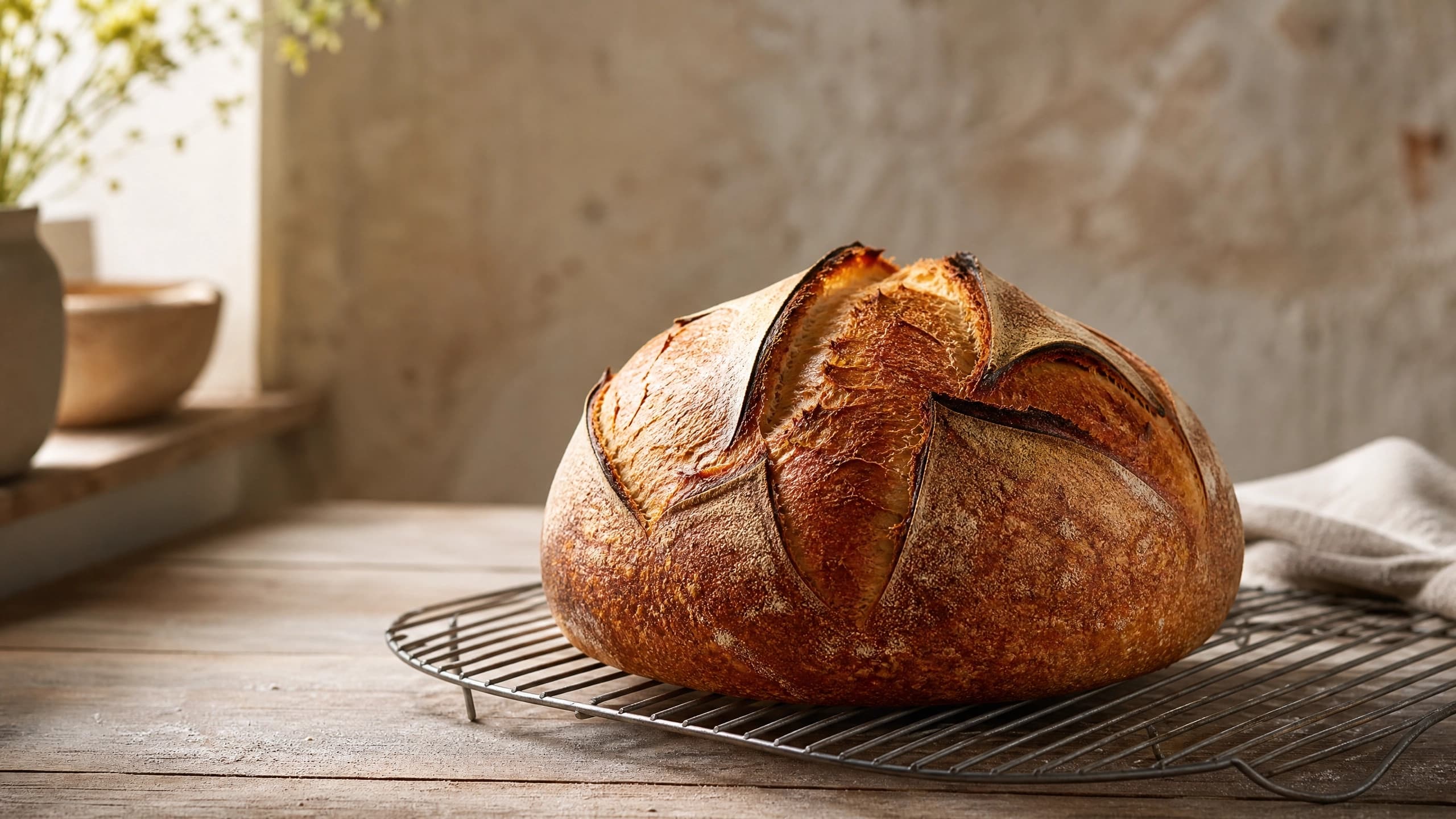 Freshly baked overnight sourdough bread (24-hour schedule), photographed on a warm cream background