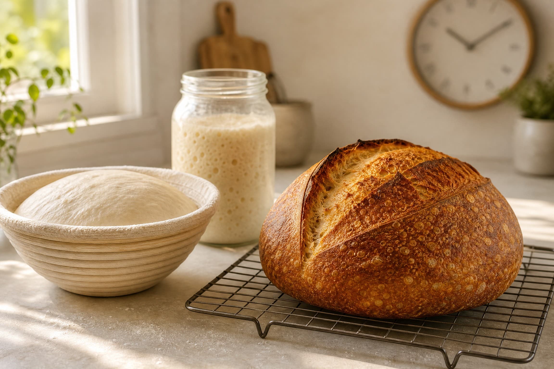 8 Hour Sourdough Bread Recipe: Same Day, Mix to Oven guide illustrated on a warm cream background