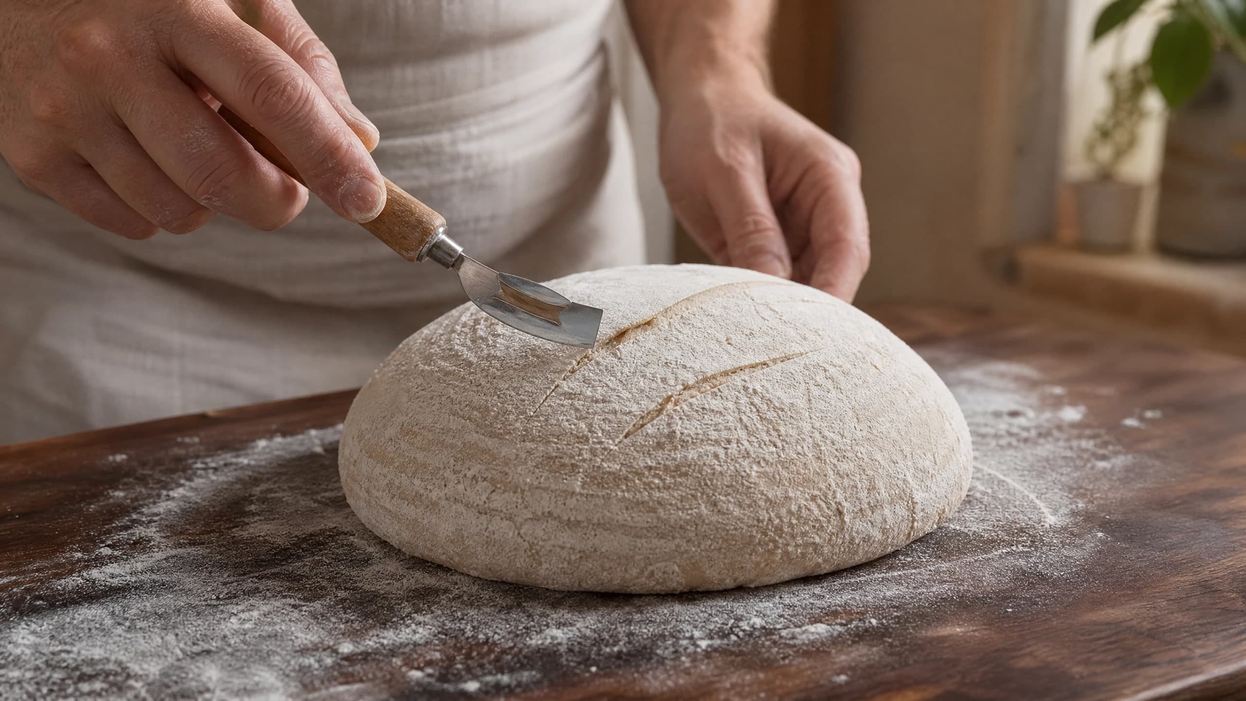 How to Score Sourdough (Angle, Depth & Timing) guide illustrated on a warm cream background