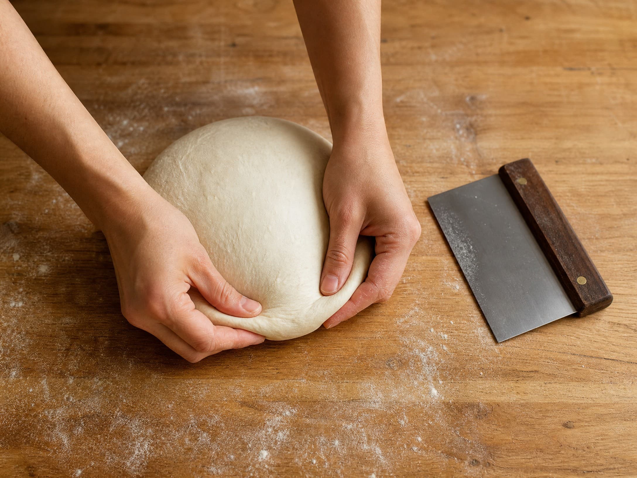 Bread Shaping Techniques: Preshape, Boule, Batard, and Tension guide illustrated on a warm cream background