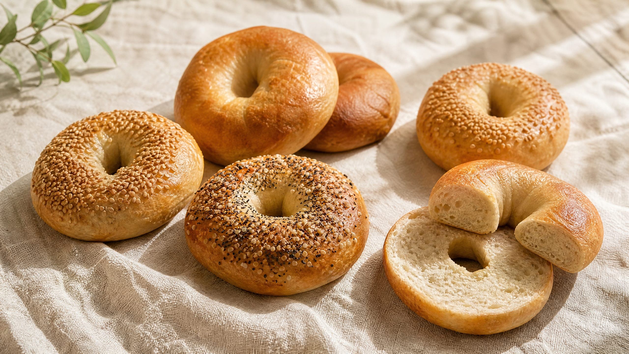 Freshly baked sourdough bagels (real boil + bake), photographed on a warm cream background