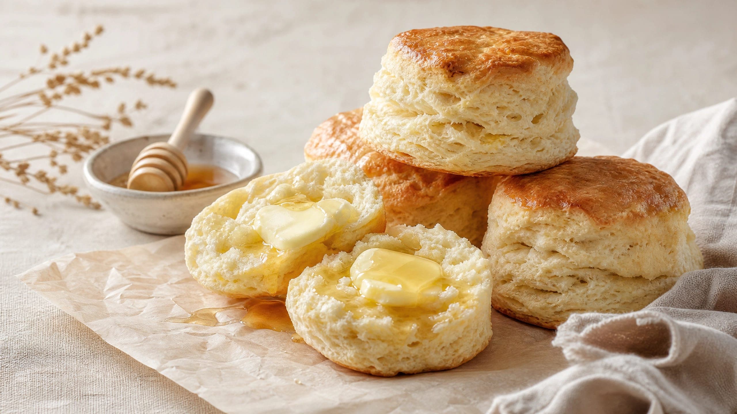 Freshly baked sourdough discard biscuits, photographed on a warm cream background