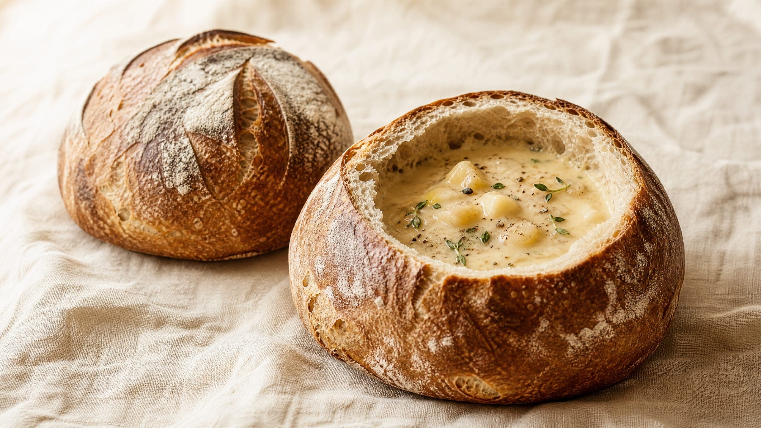 Freshly baked sourdough bread bowls, photographed on a warm cream background