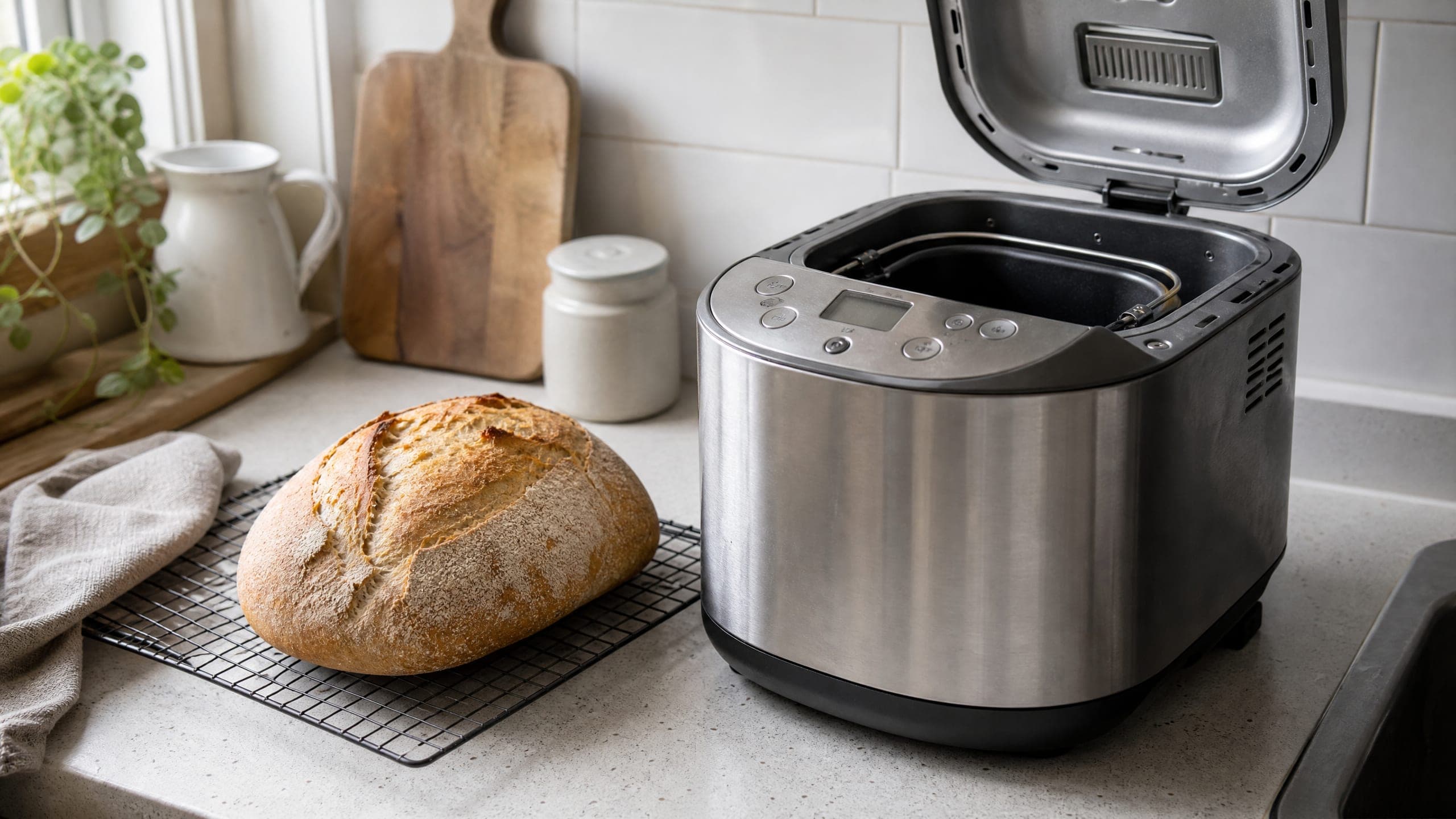 Sourdough Bread Machine Method (Hands-Off Loaf) guide illustrated on a warm cream background