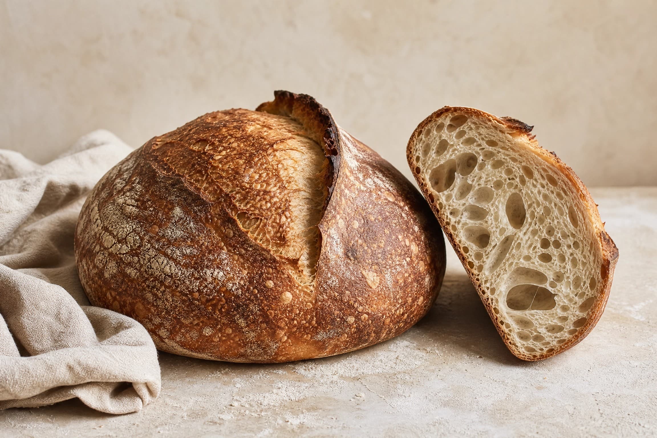 A round sourdough loaf with a deep brown crust on a cream background