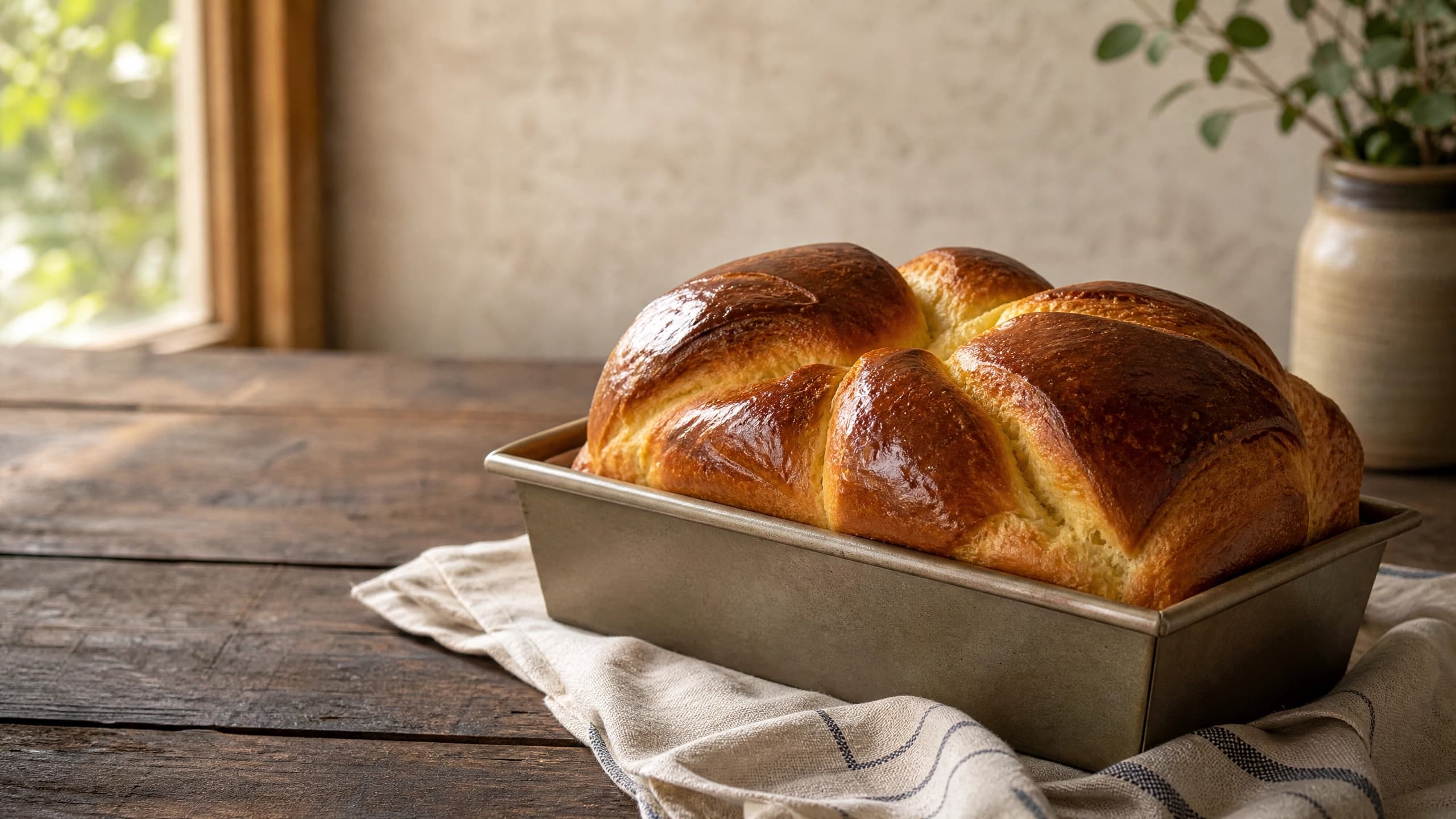 Freshly baked sourdough brioche: soft, butter-rich and tangy, photographed on a warm cream background
