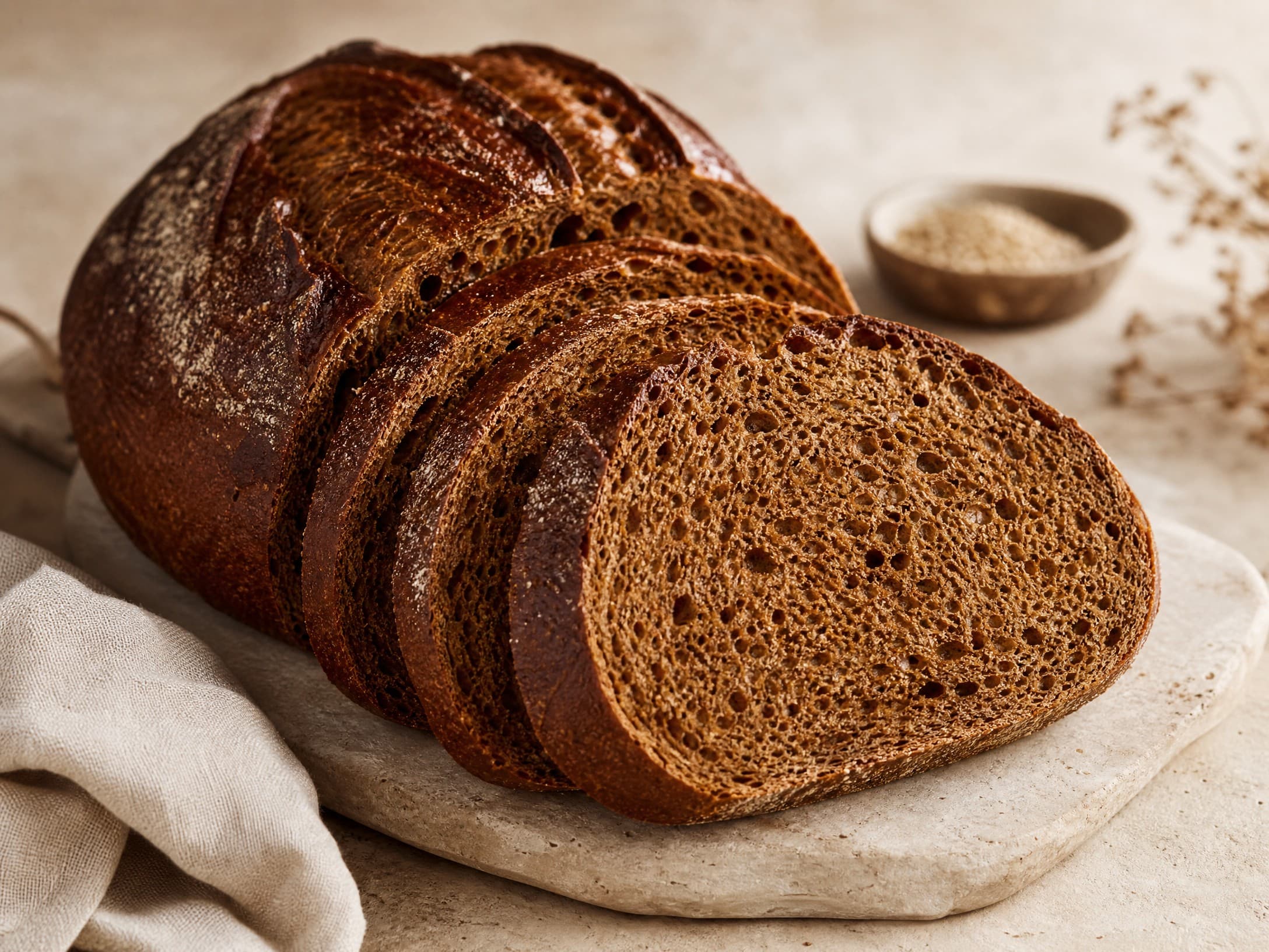 Freshly baked sourdough brown bread recipe, photographed on a warm cream background
