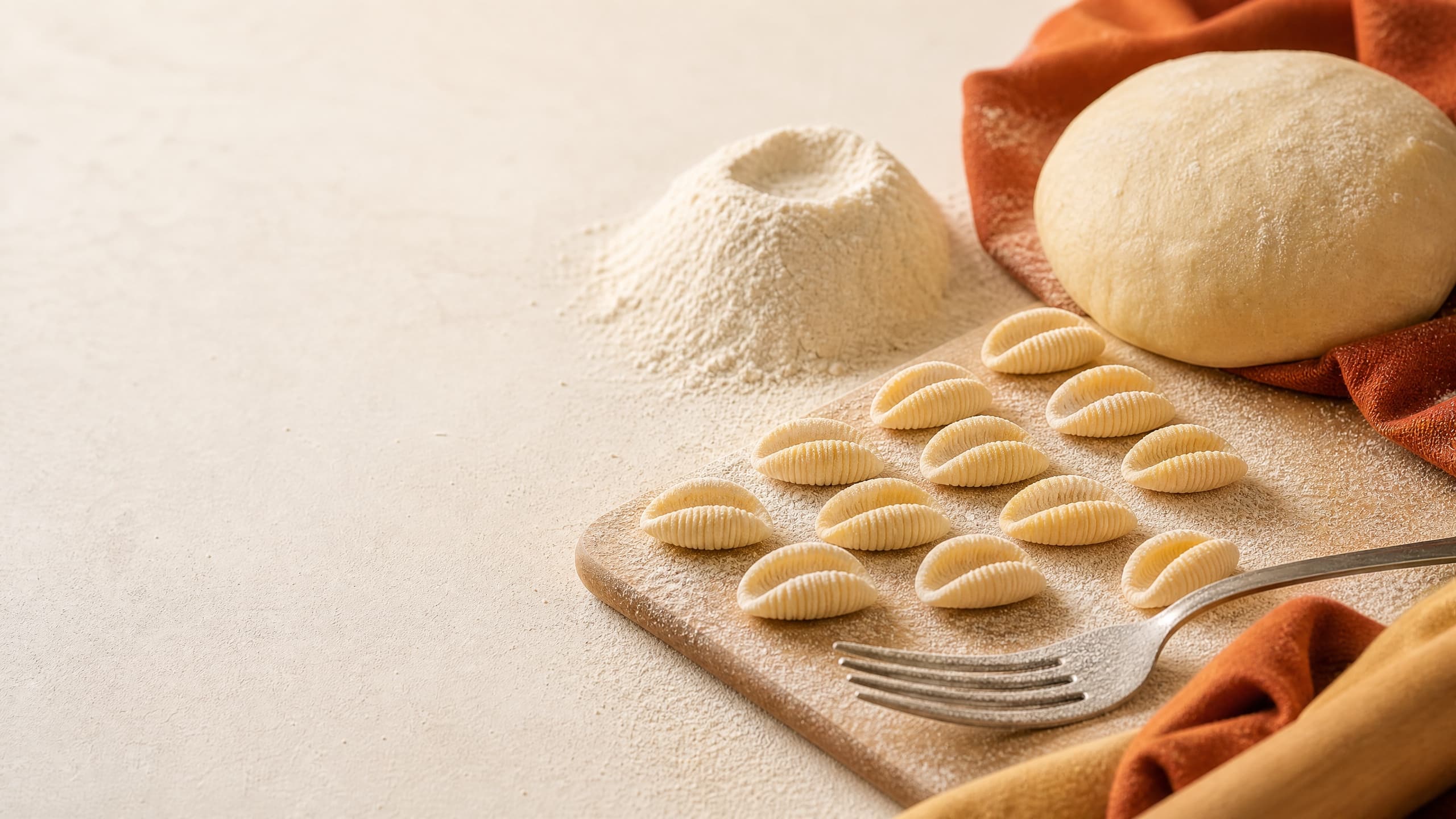 Freshly baked sourdough cavatelli (hand-shaped shell noodles), photographed on a warm cream background