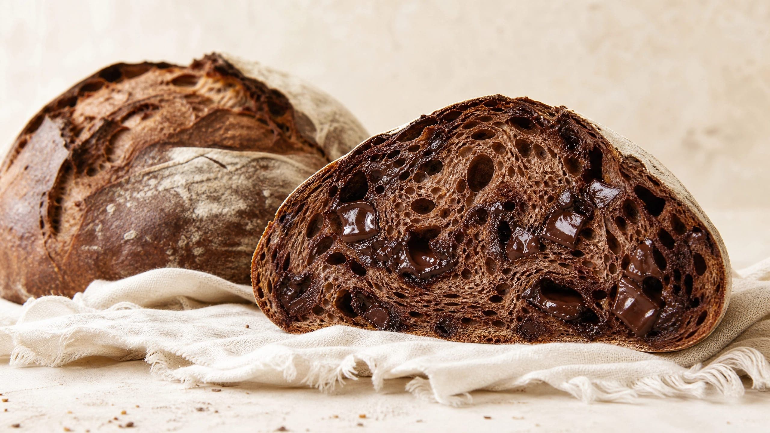 Freshly baked sourdough chocolate bread, photographed on a warm cream background