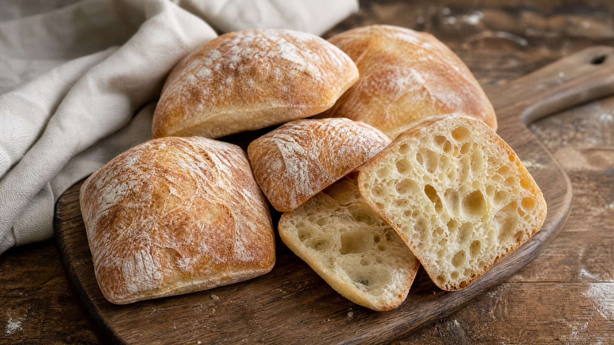 Freshly baked sourdough ciabatta rolls: big holes, olive oil, no knead, photographed on a warm cream background