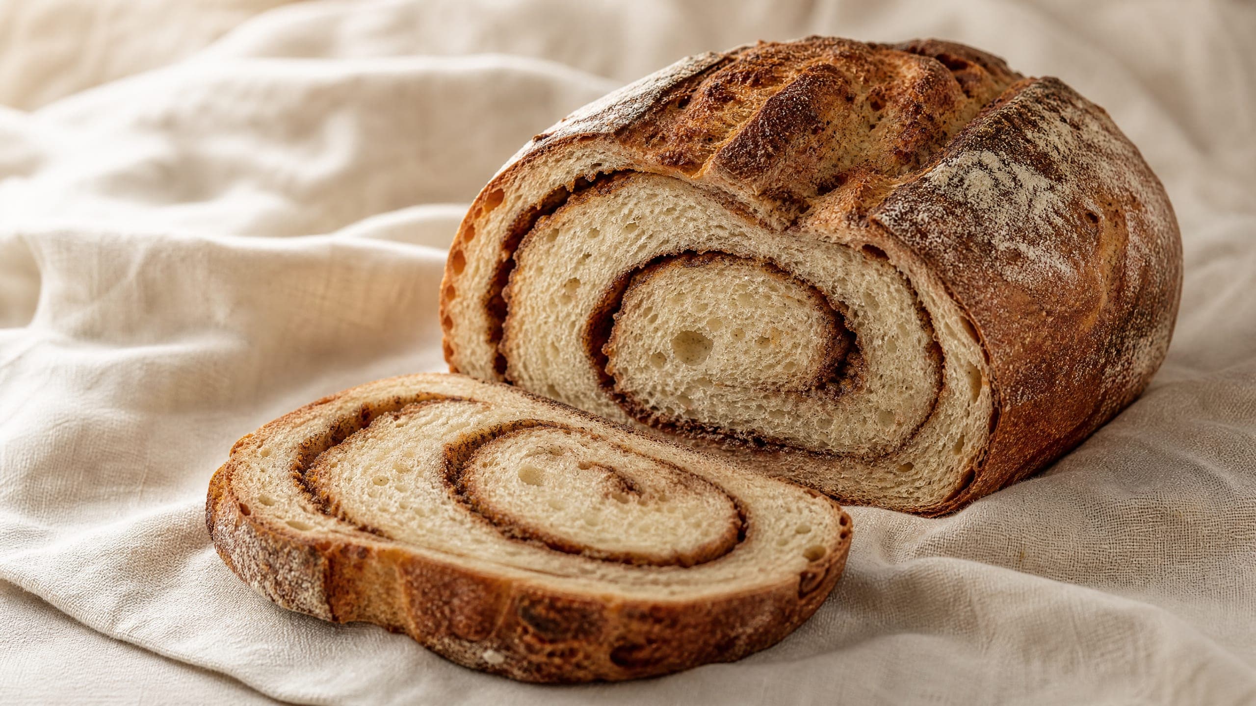 Freshly baked sourdough cinnamon swirl bread, photographed on a warm cream background