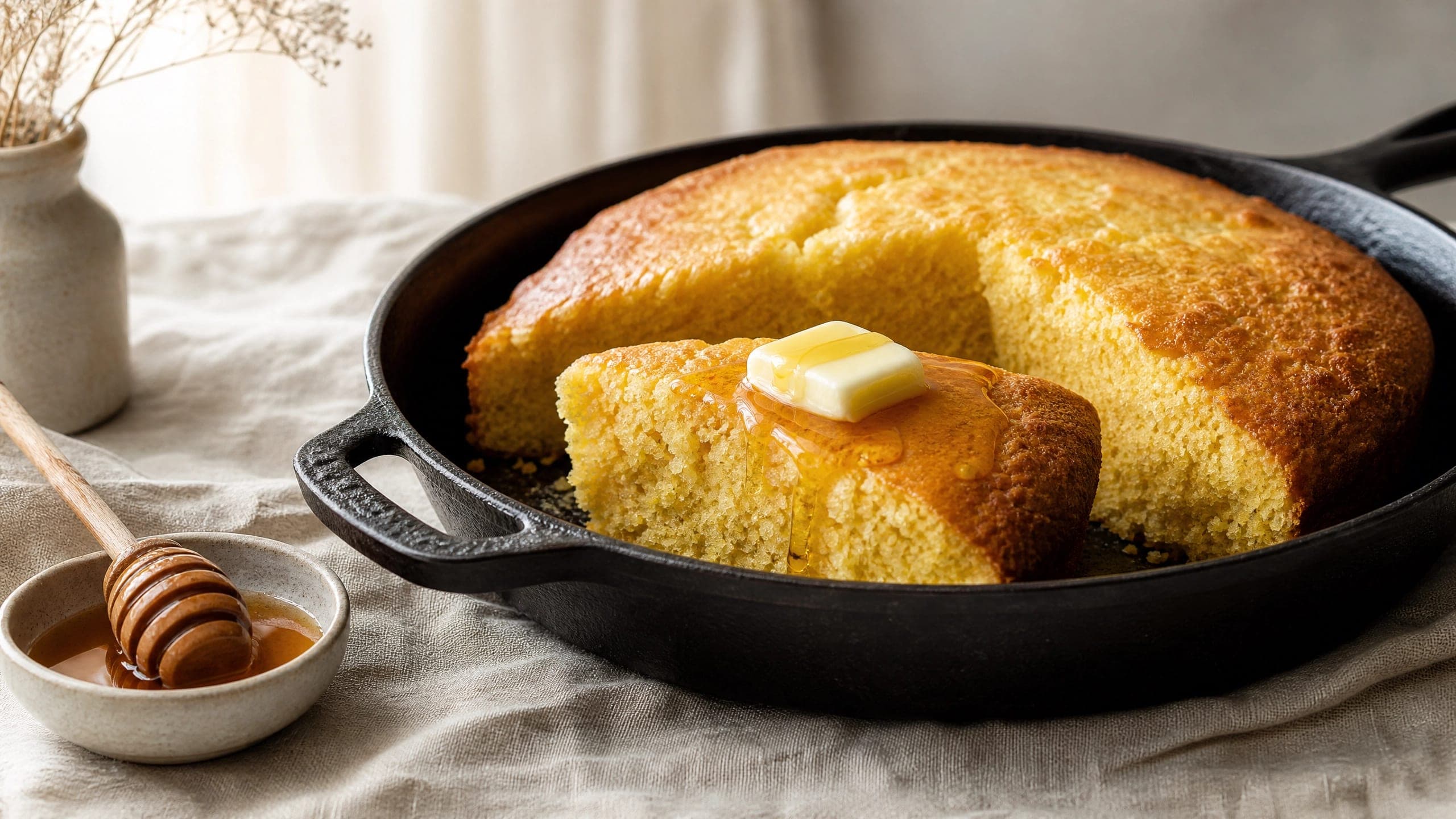 Freshly baked sourdough cornbread, photographed on a warm cream background
