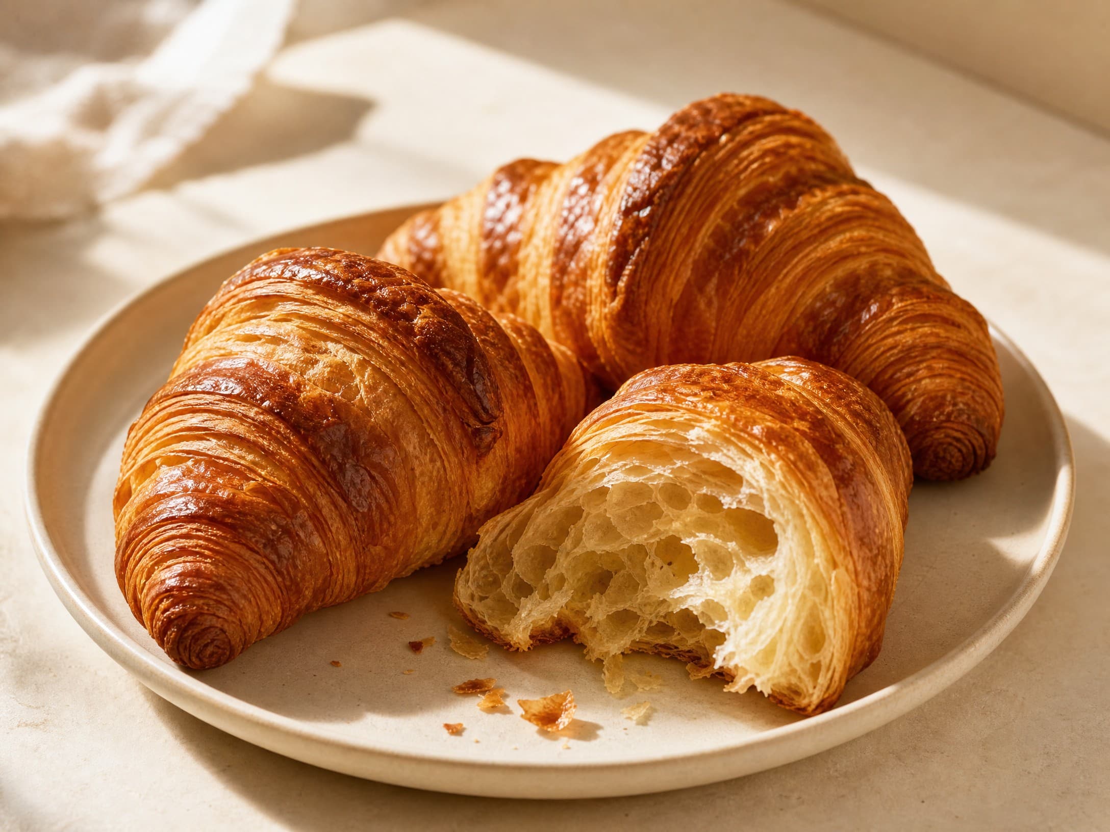 Freshly baked sourdough croissants recipe, photographed on a warm cream background