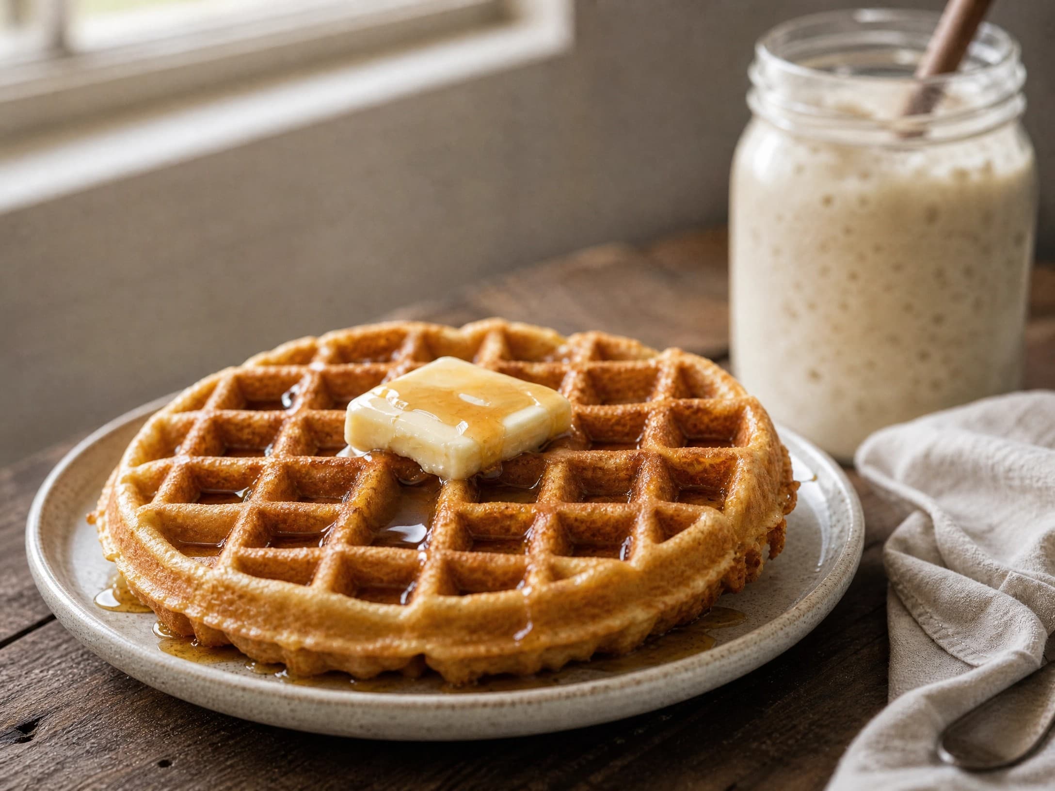 Warm sourdough discard waffle made with sourdough discard