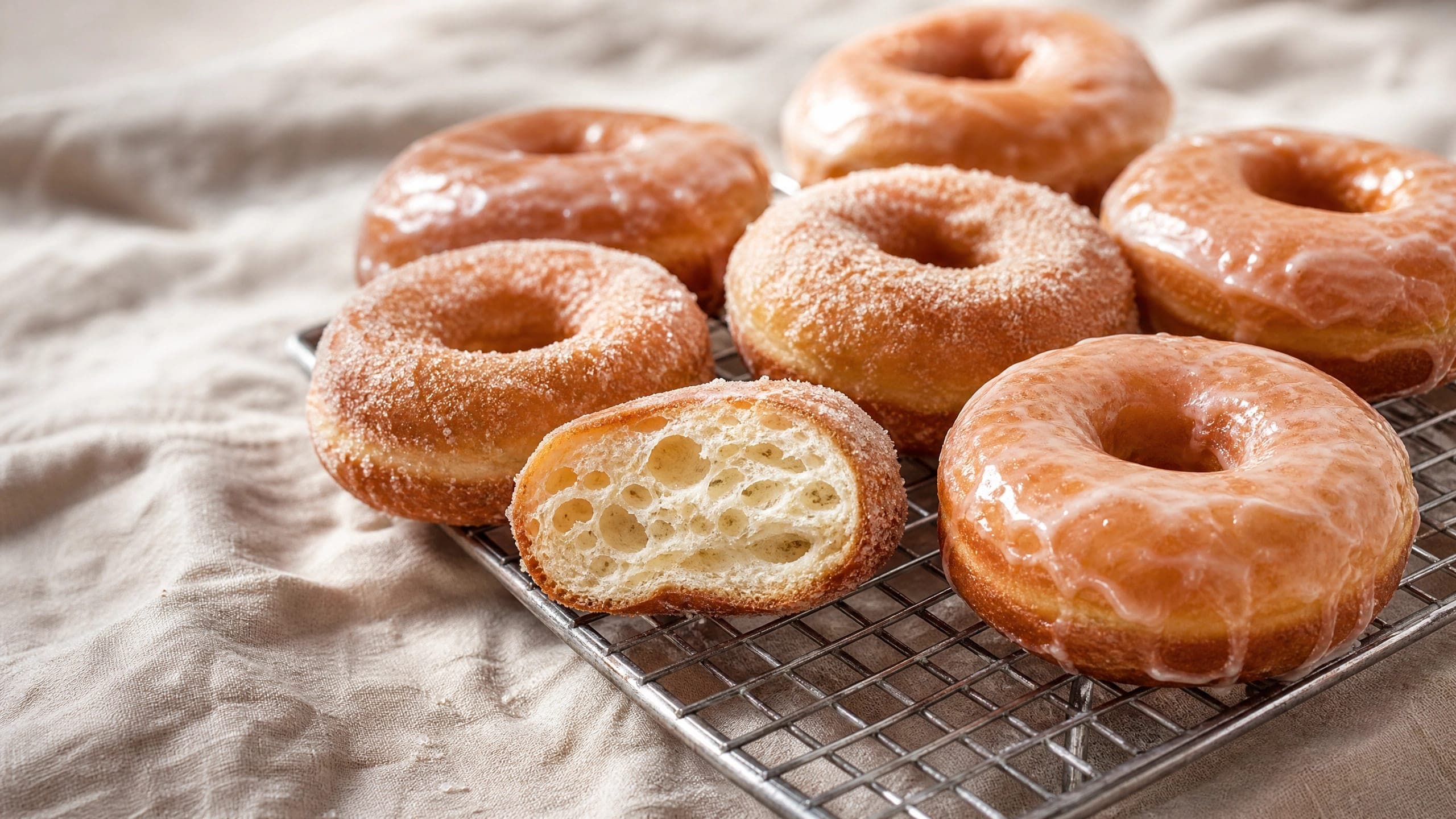 Freshly baked sourdough discard donuts, photographed on a warm cream background
