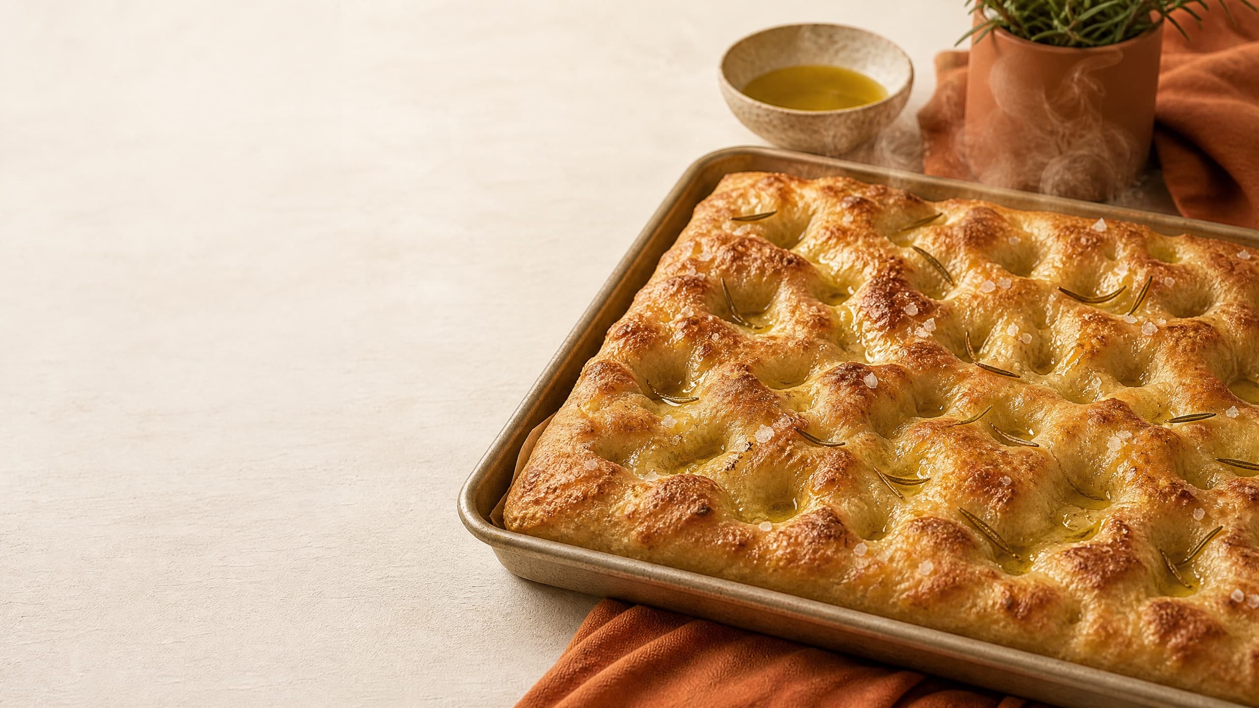 Freshly baked sourdough focaccia bread (crisp olive-oil sheet), photographed on a warm cream background