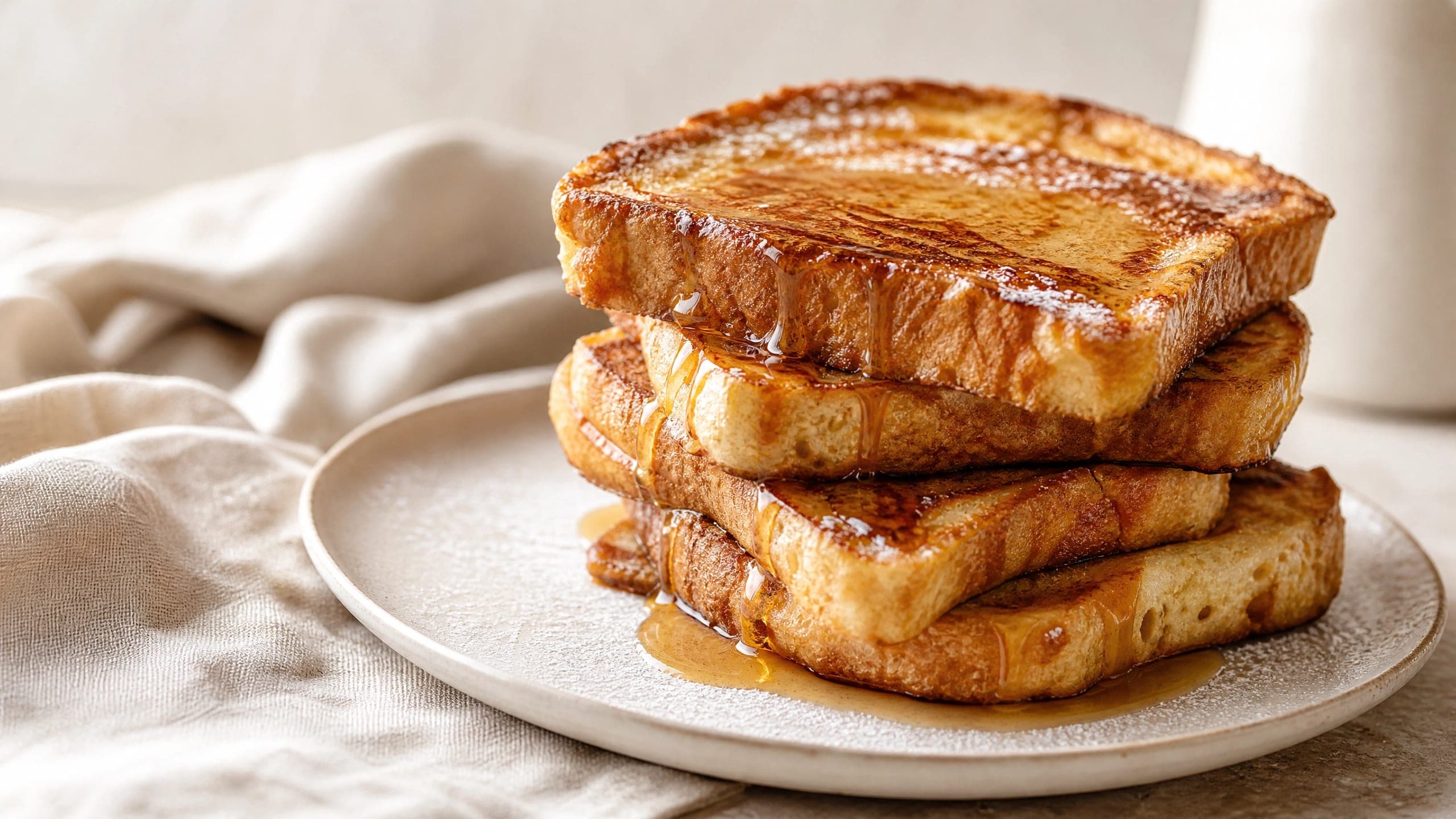 Freshly baked sourdough french toast, photographed on a warm cream background