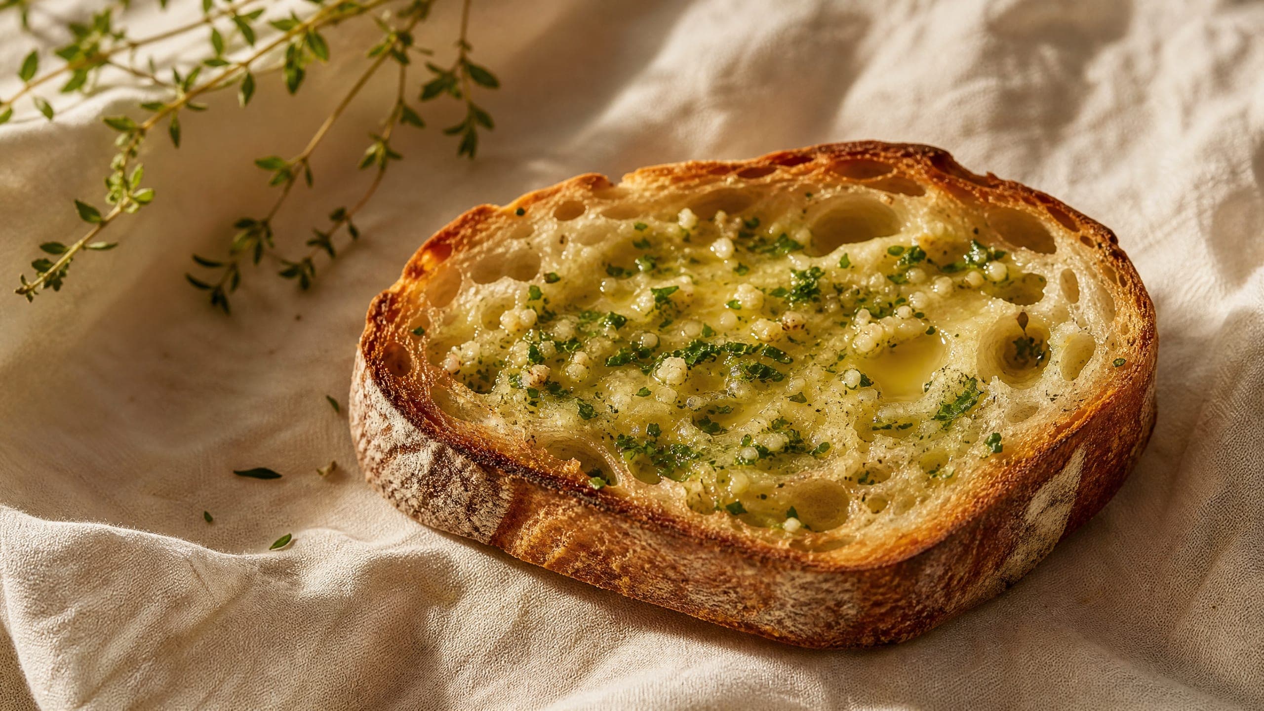 Freshly baked sourdough garlic bread, photographed on a warm cream background