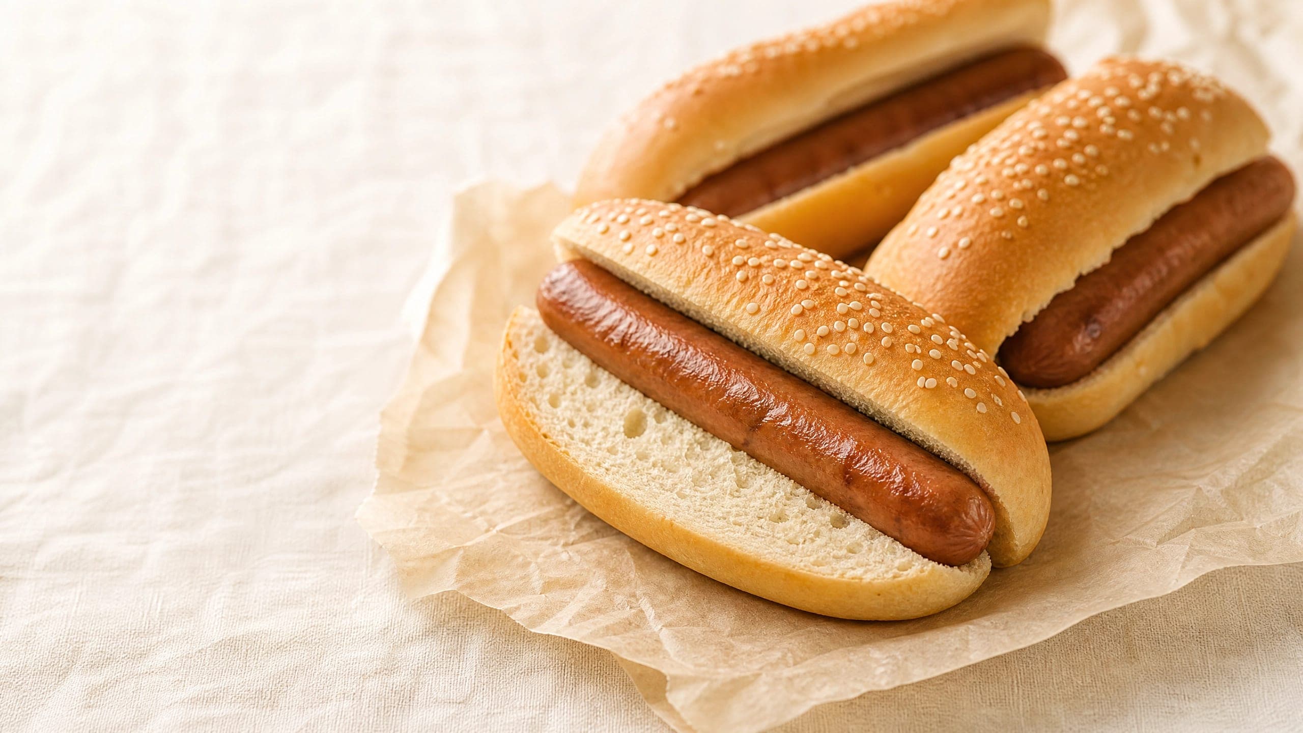 Freshly baked sourdough hot dog buns, photographed on a warm cream background