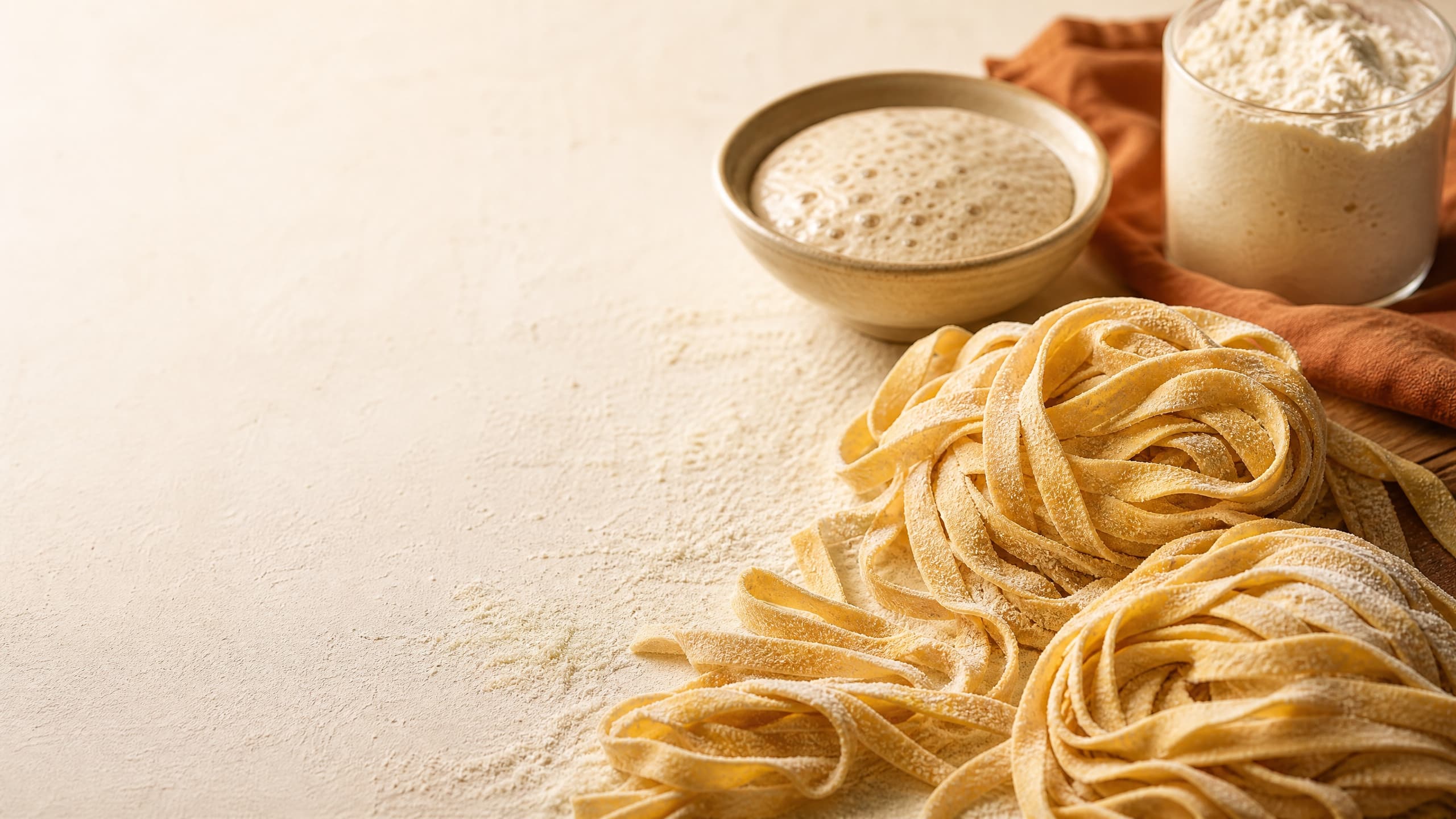 Freshly baked homemade sourdough pasta recipe (1-hour or overnight), photographed on a warm cream background