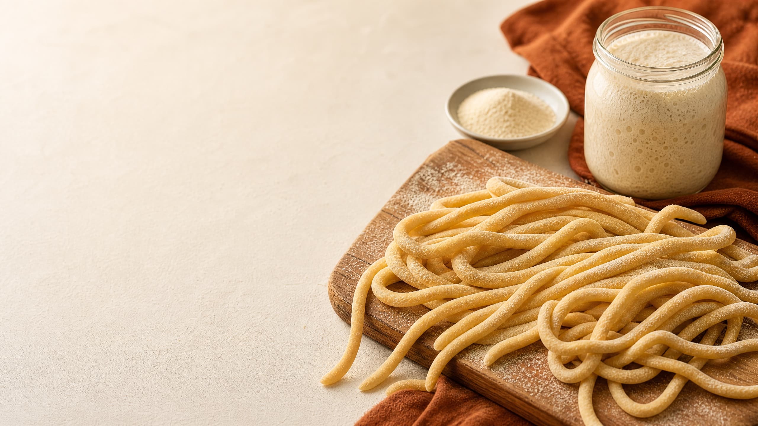 Freshly baked sourdough pici pasta (hand-rolled eggless noodles), photographed on a warm cream background