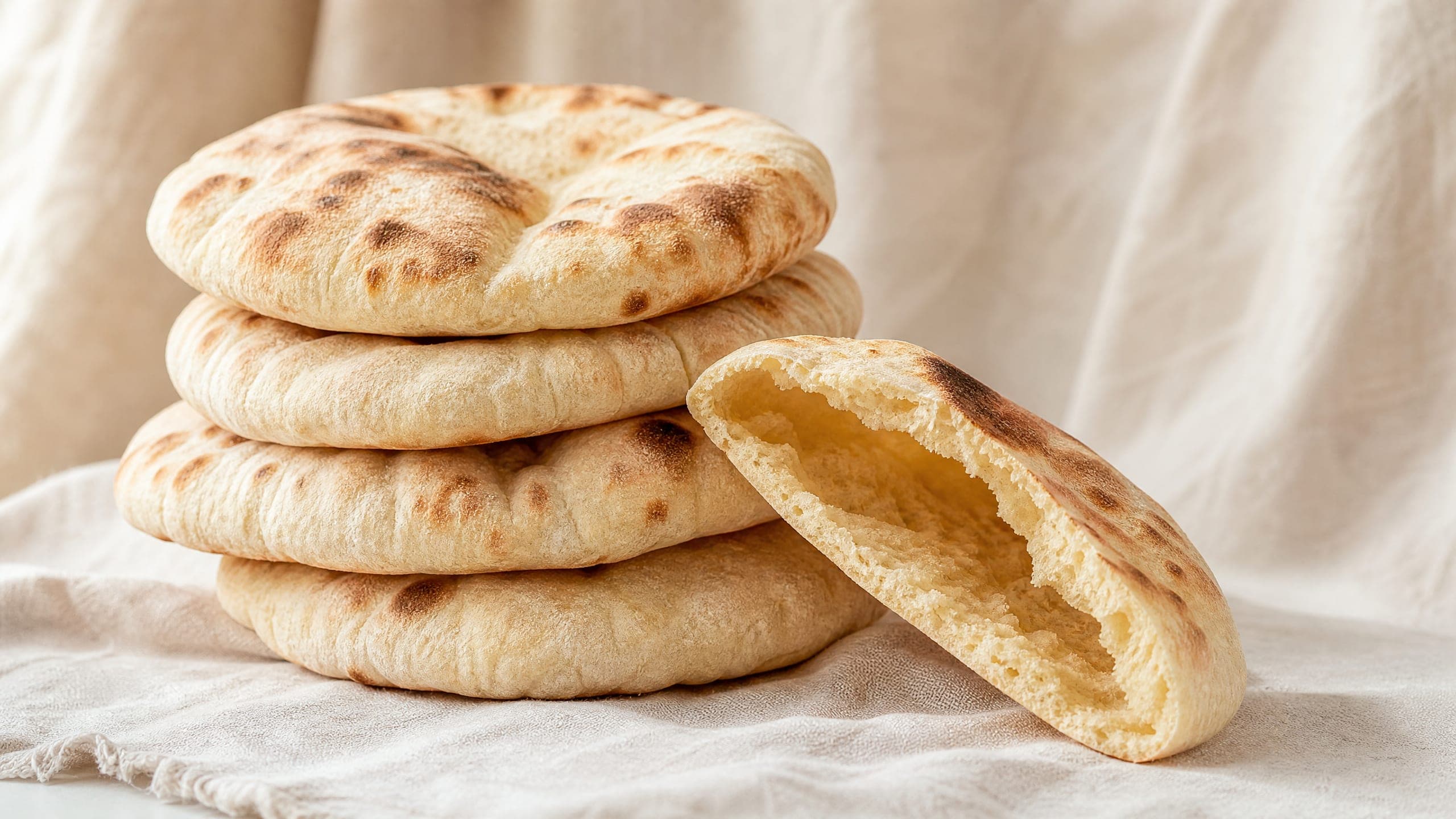 Freshly baked sourdough pita bread, photographed on a warm cream background