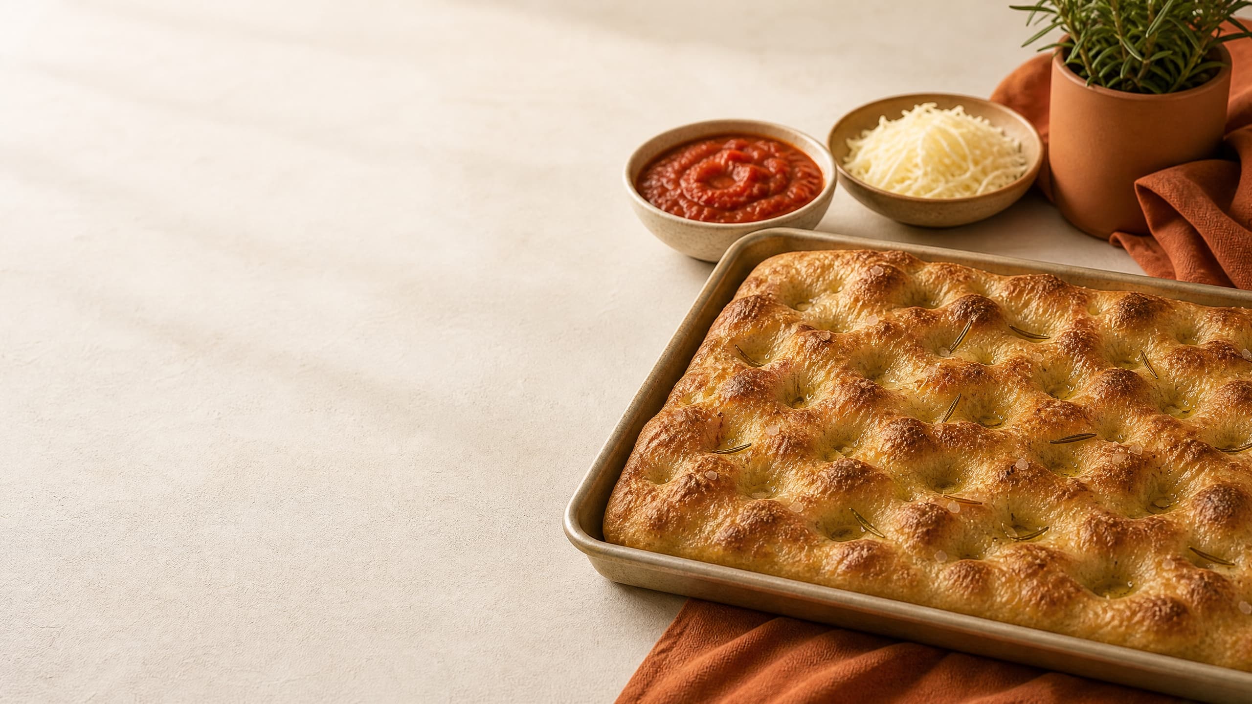 Freshly baked sourdough pizza crust (pan-baked, no stone or steel), photographed on a warm cream background