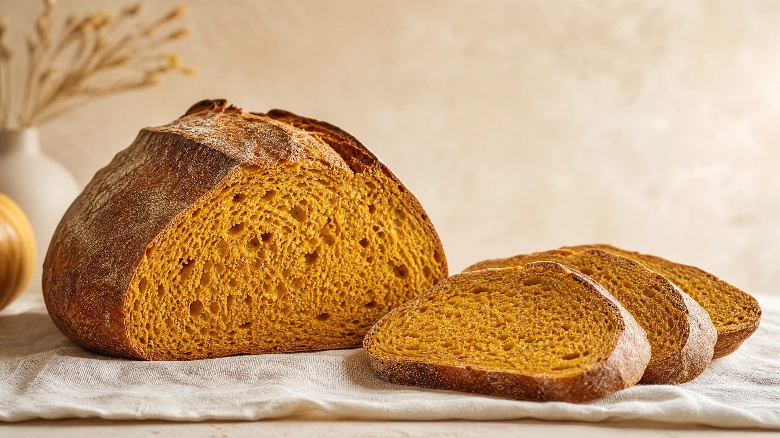 Freshly baked sourdough pumpkin bread, photographed on a warm cream background
