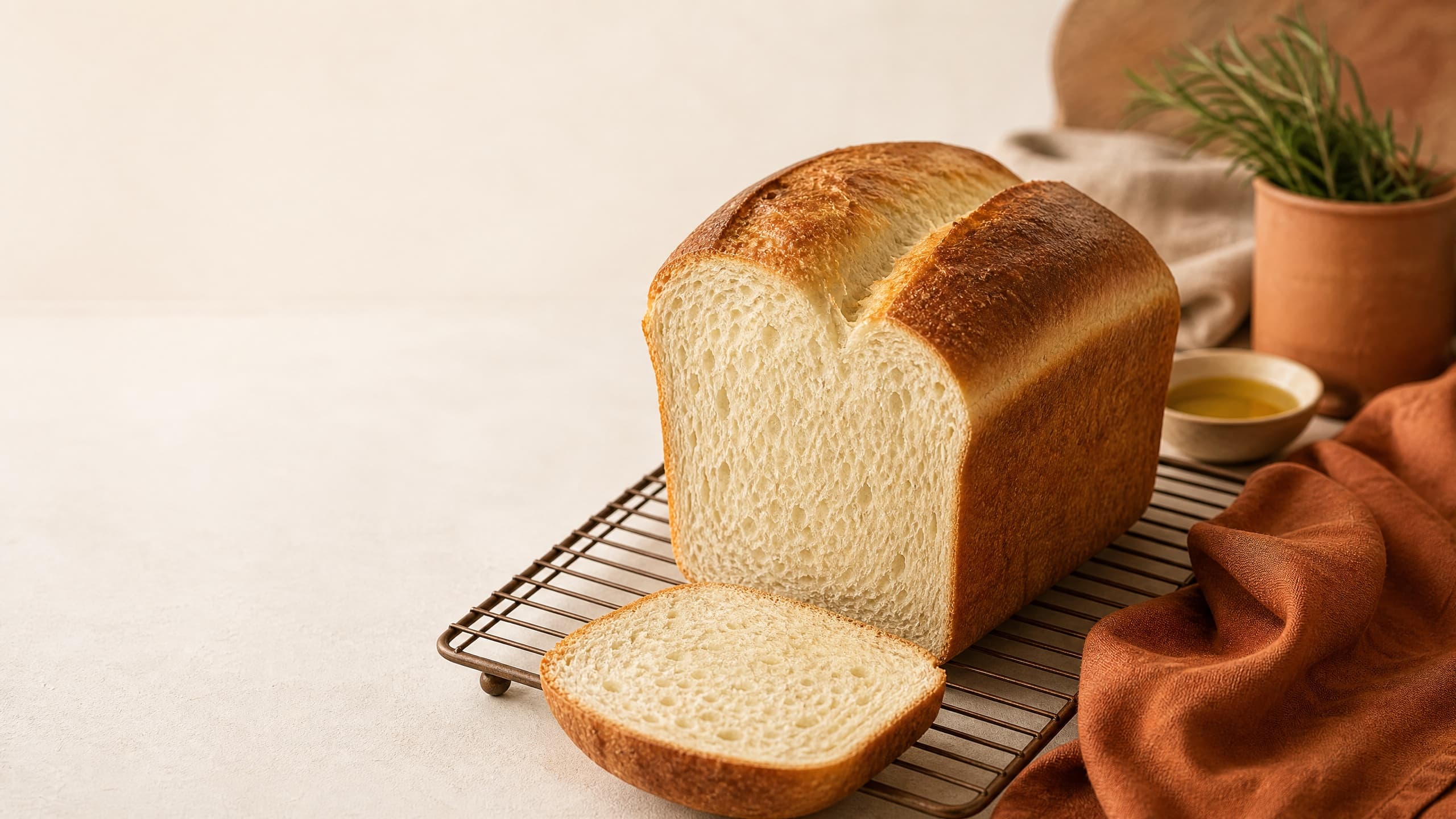 Freshly baked soft sourdough sandwich bread (all-purpose loaf), photographed on a warm cream background