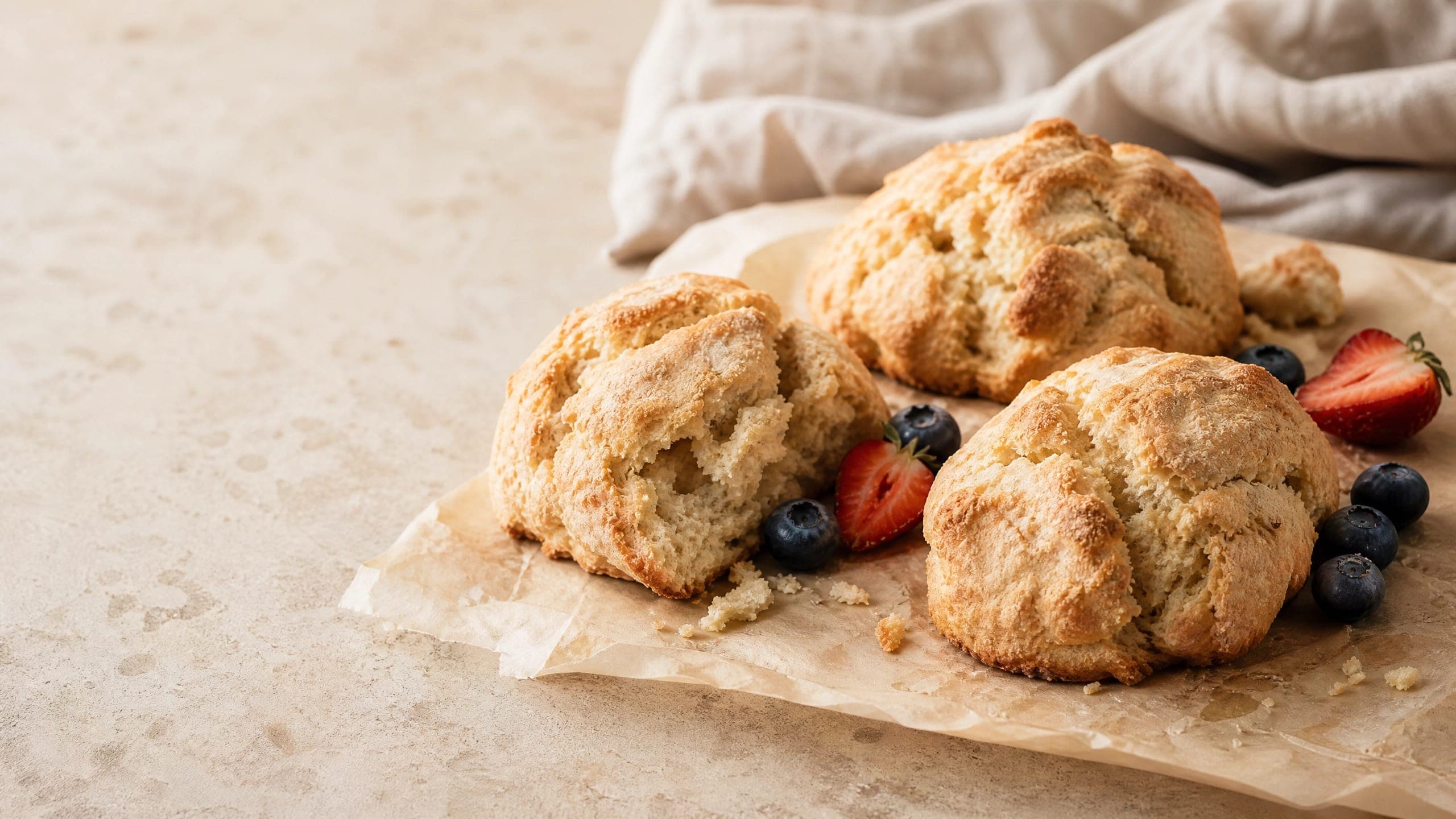 Freshly baked sourdough discard scones, photographed on a warm cream background